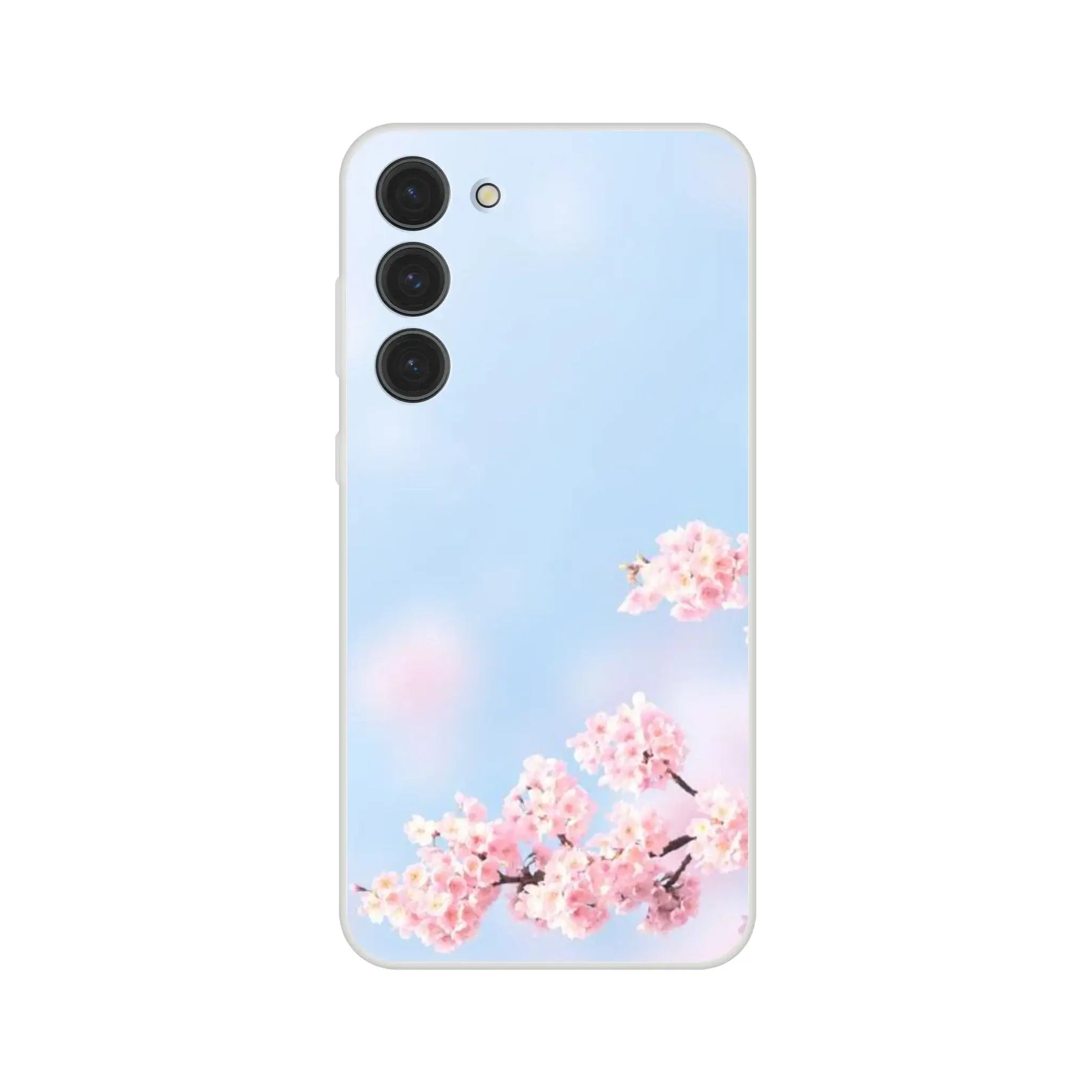 Phone case with cherry blossom design on a light blue background