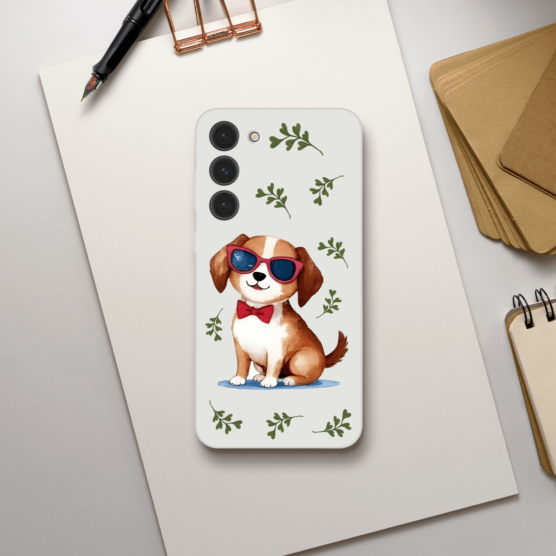 Phone case with a dog illustration wearing sunglasses and a bow tie 