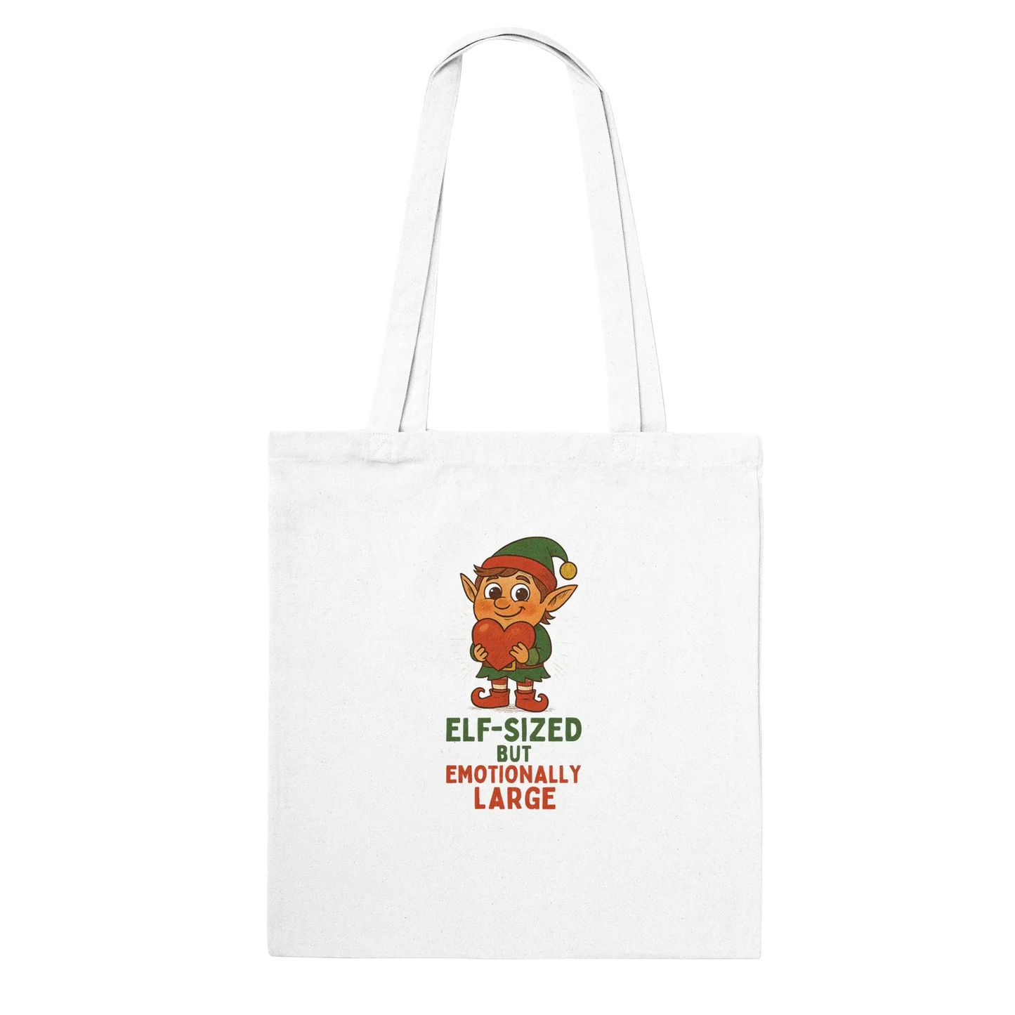 White tote bag with elf graphic and text 