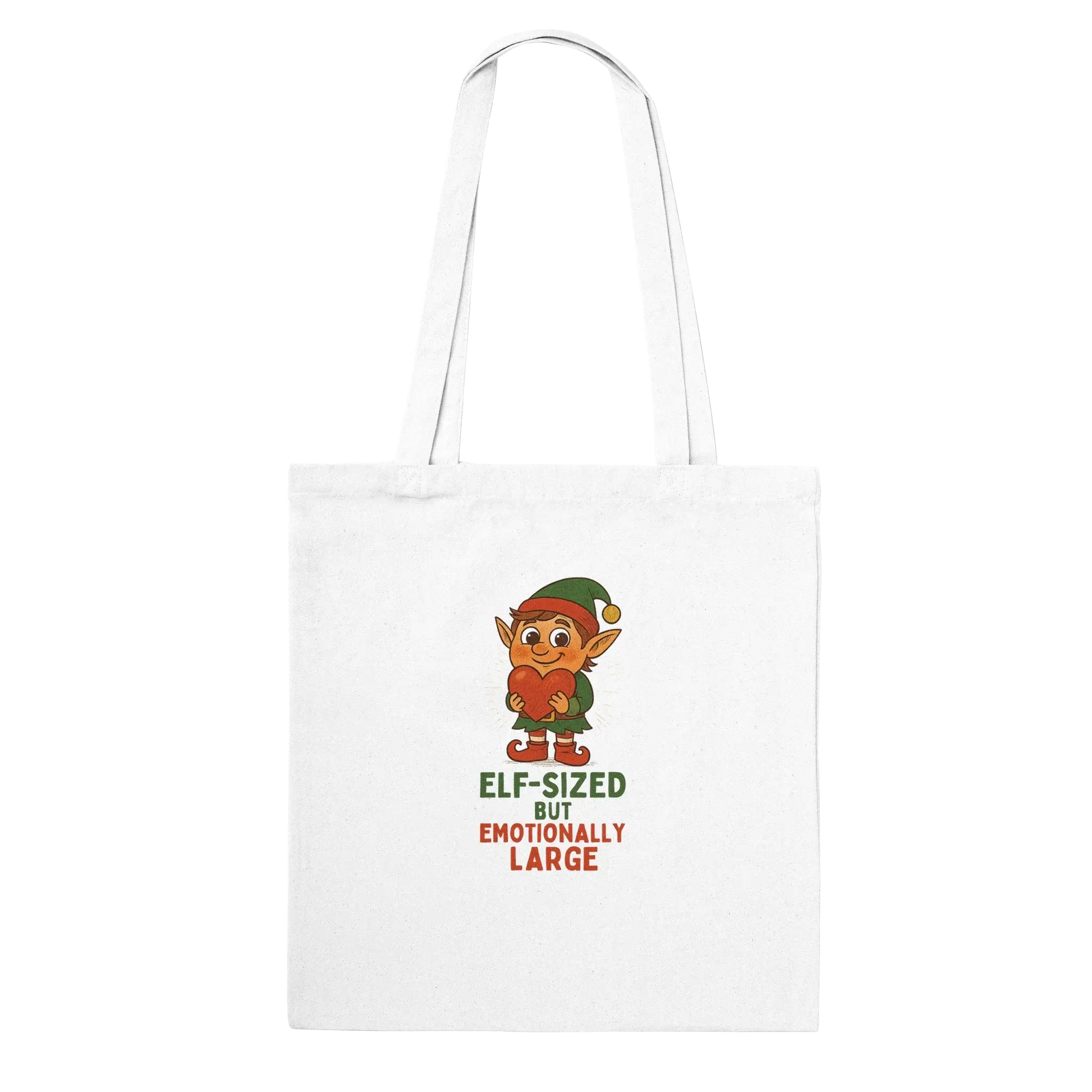 White tote bag with elf graphic and text 