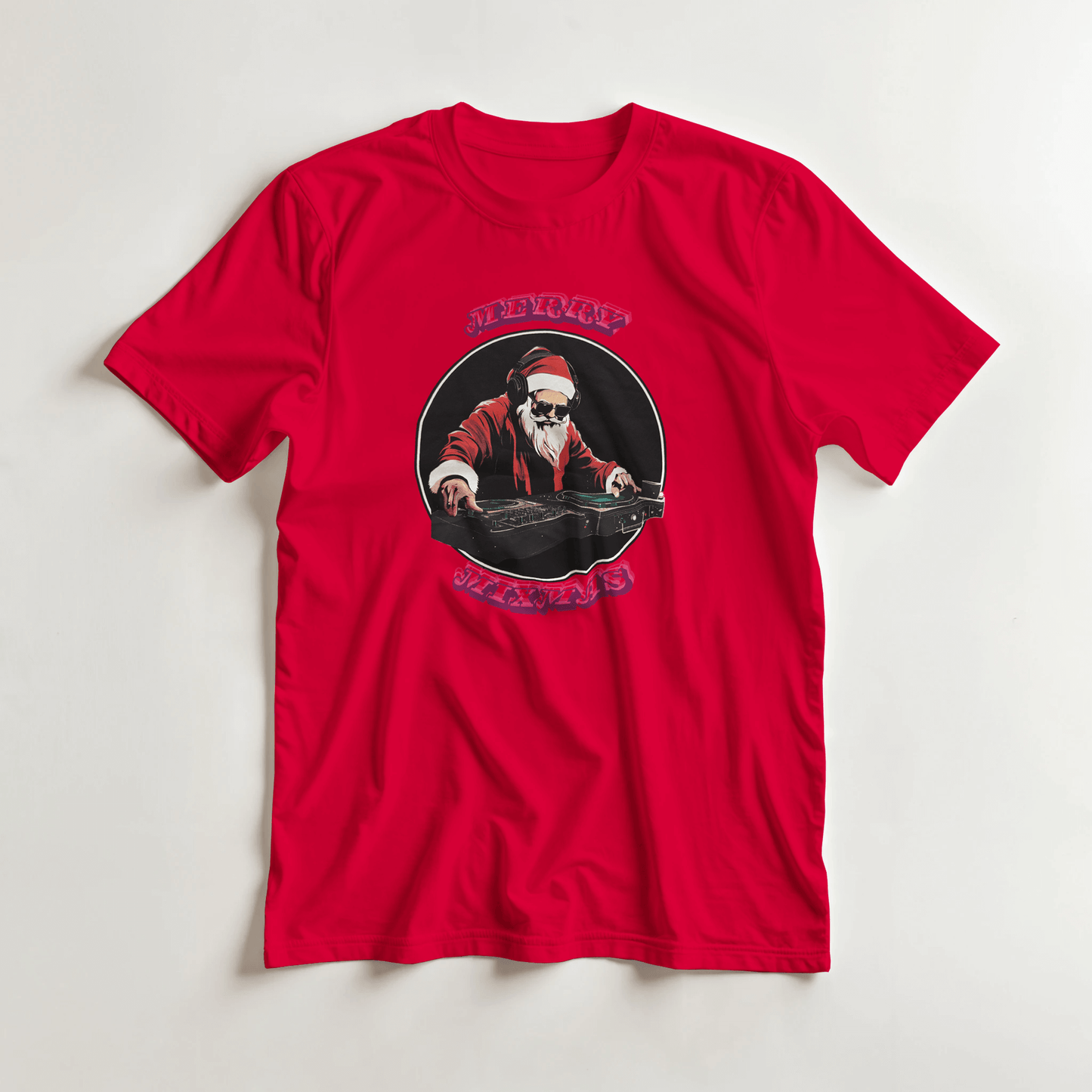 T-Shirt: DJ Santa Merry Mixmas design in red featuring Santa Claus mixing music.