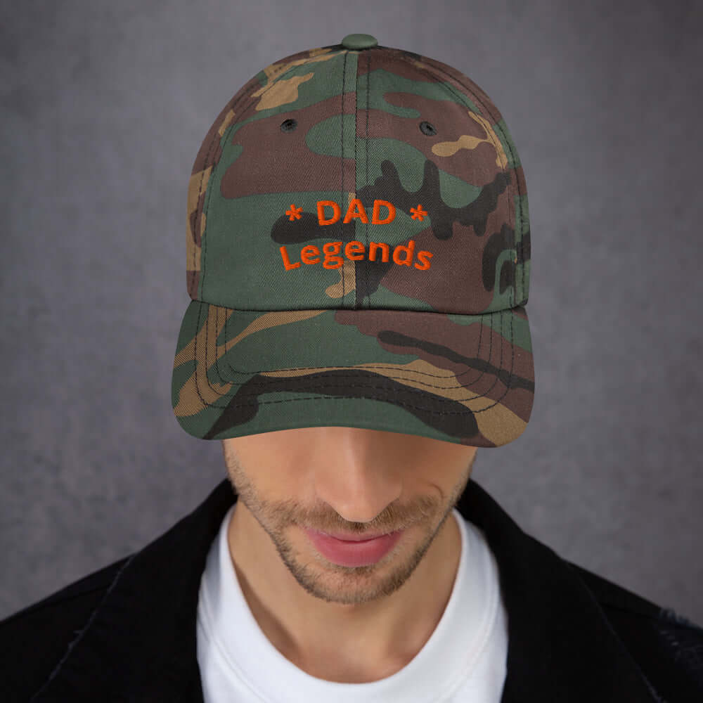 Camouflage baseball cap with 'DAD Legends' text 