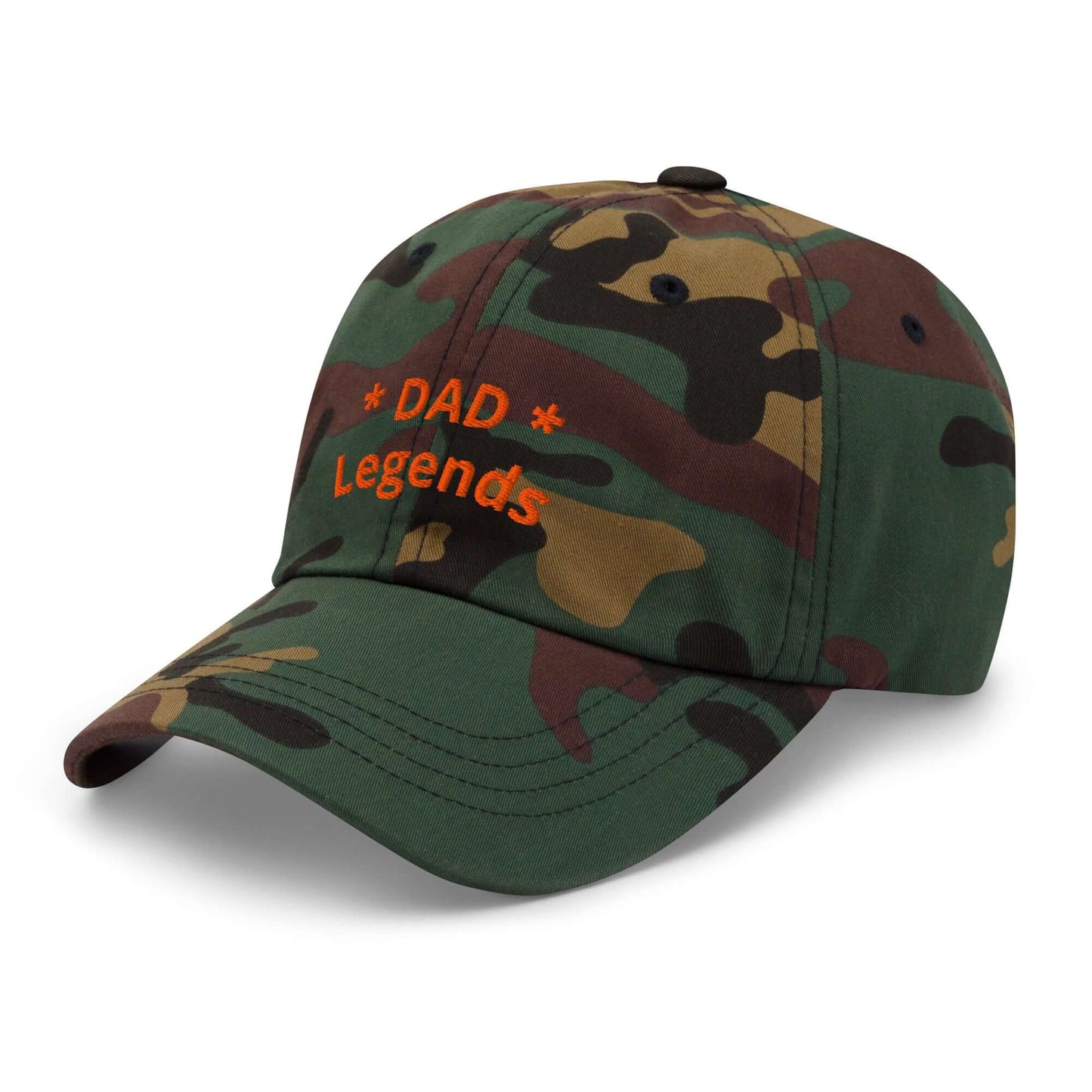 Camouflage cap with 'DAD legends' text 