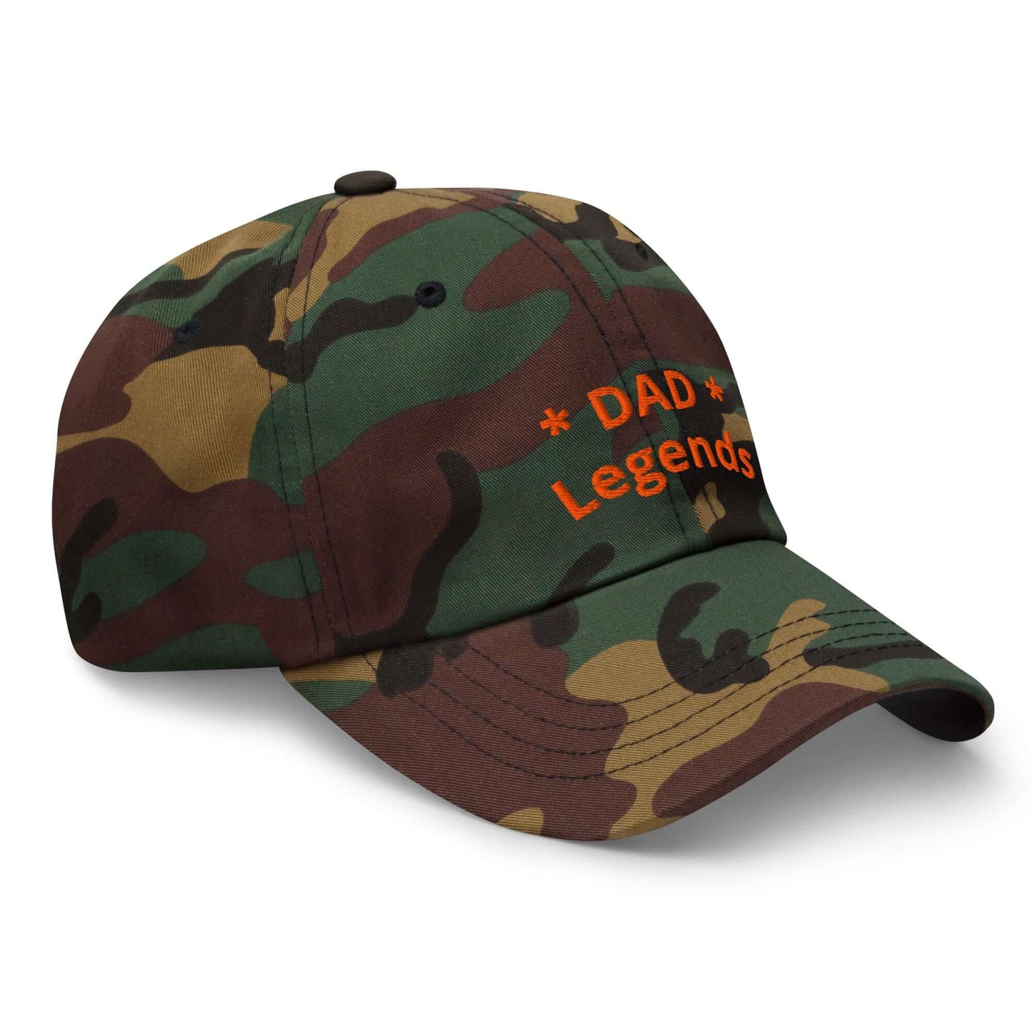 Camouflage baseball cap with 'DAD Legends' text 