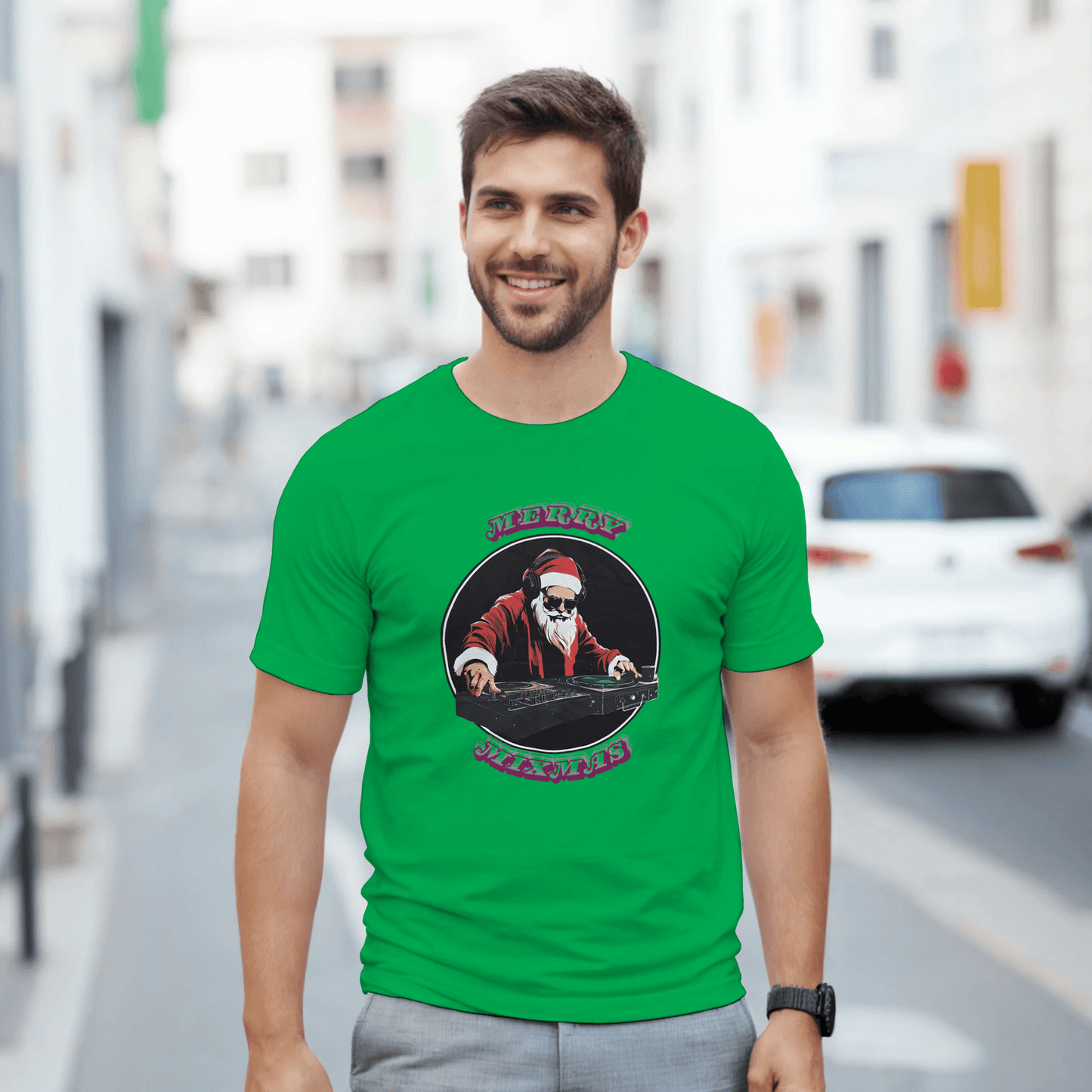 T-Shirt: DJ Santa Merry Mixmas designed for festive celebrations, featuring a vibrant green color and musical Santa graphic.
