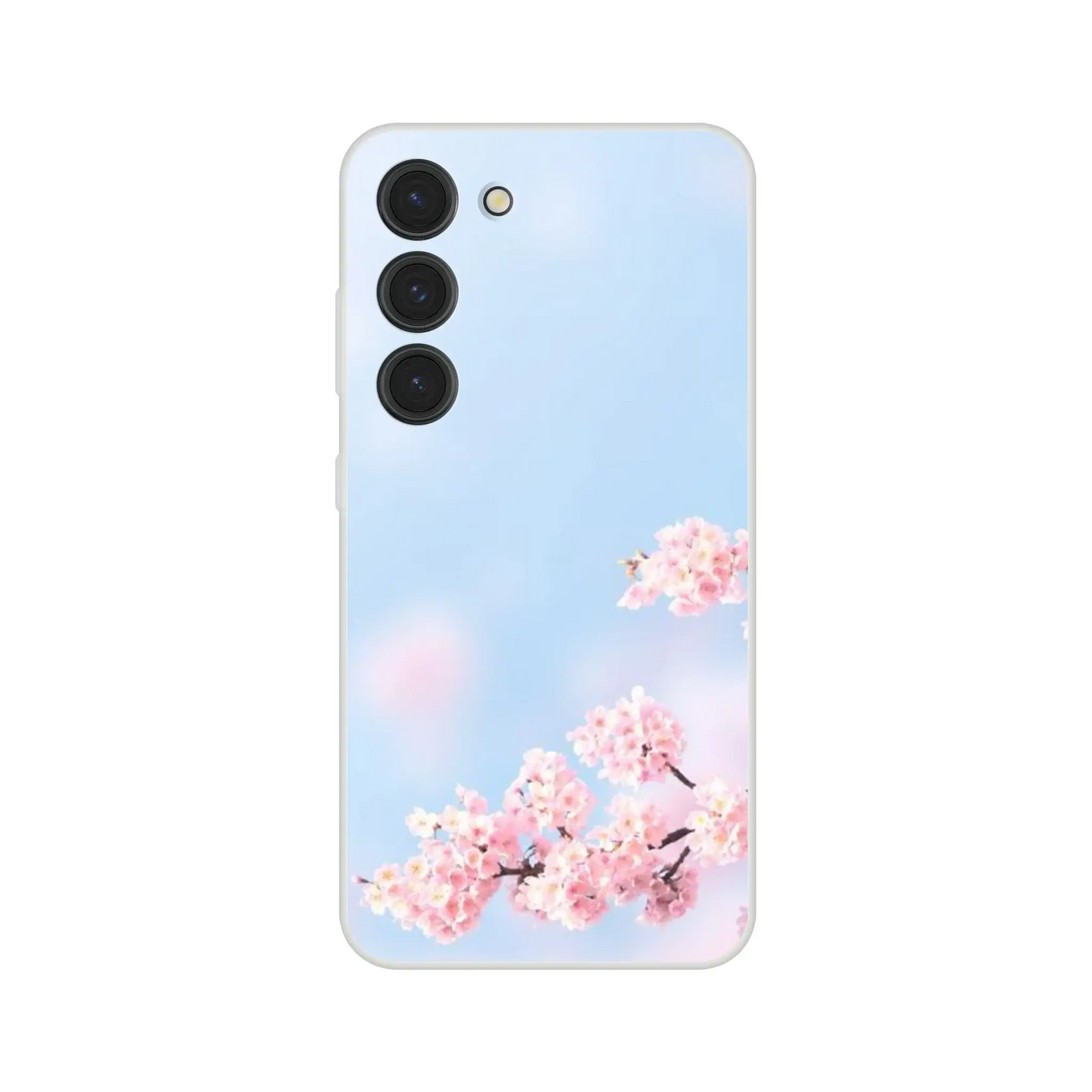 Phone case with cherry blossom design on a light blue background