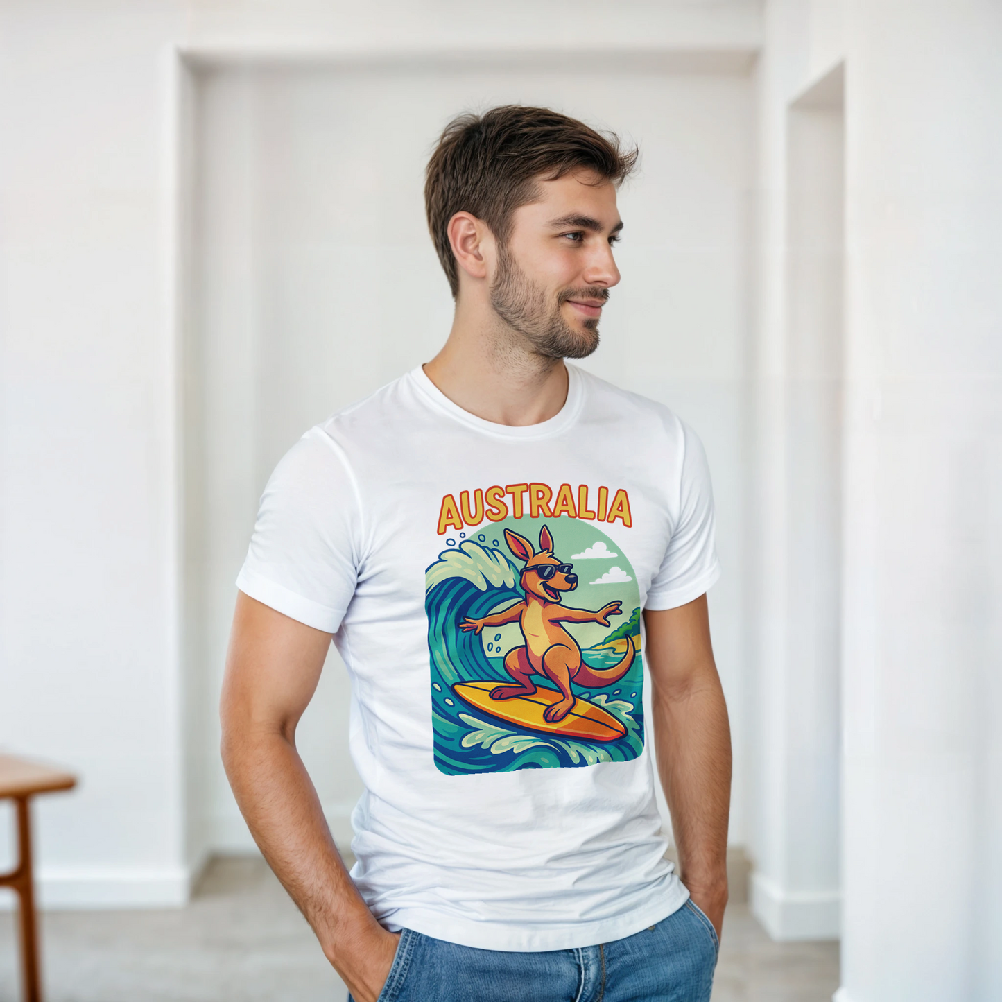 white t-shirt with a kangaroo surfing design and 'Australia' text.