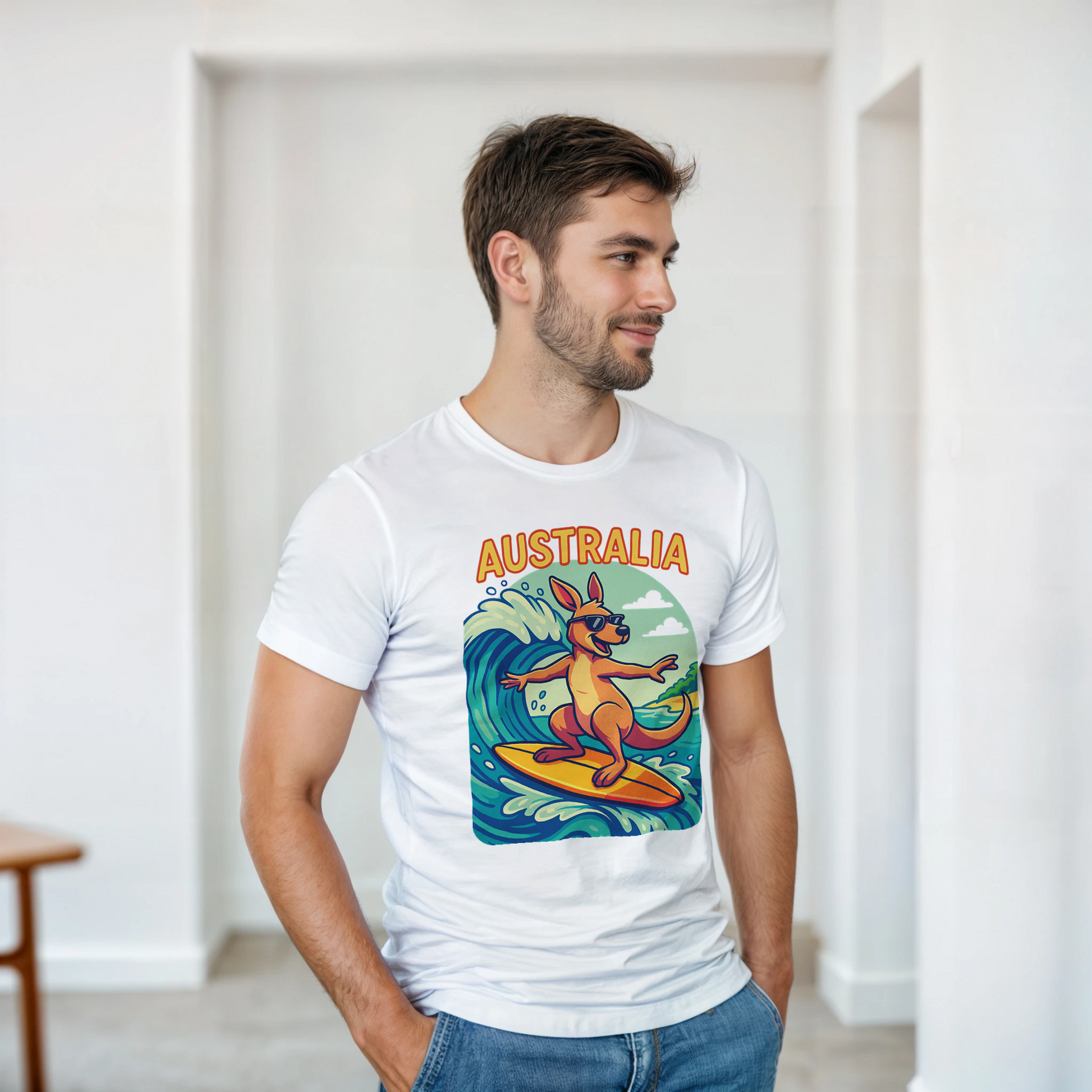 white t-shirt with a kangaroo surfing design and 'Australia' text.