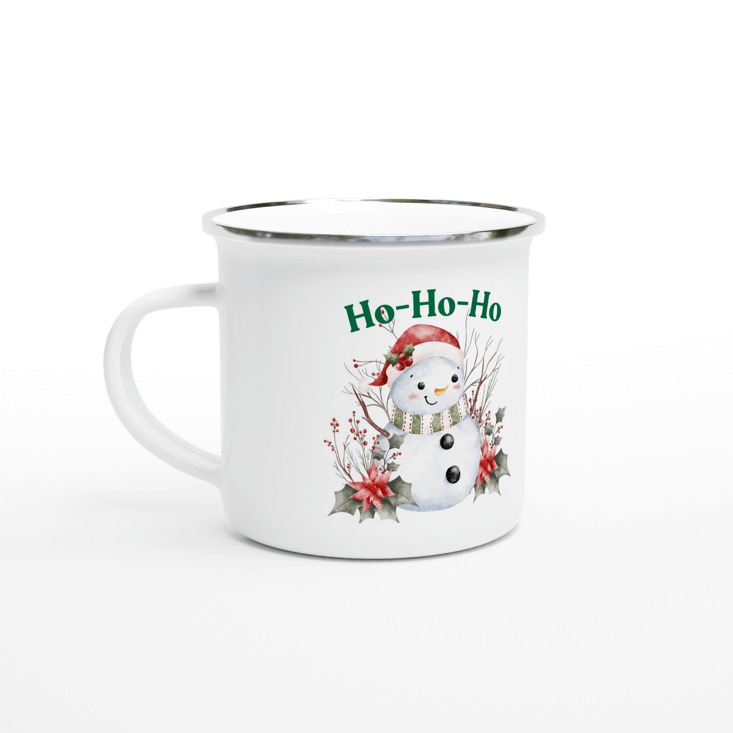White mug with a snowman design and 'Ho-Ho-Ho' text 