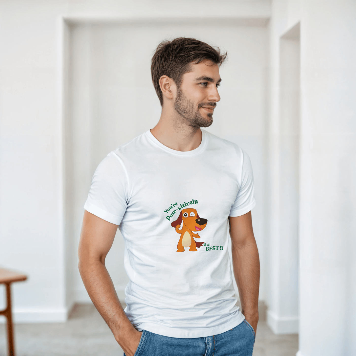 a white t-shirt with a dog graphic and text