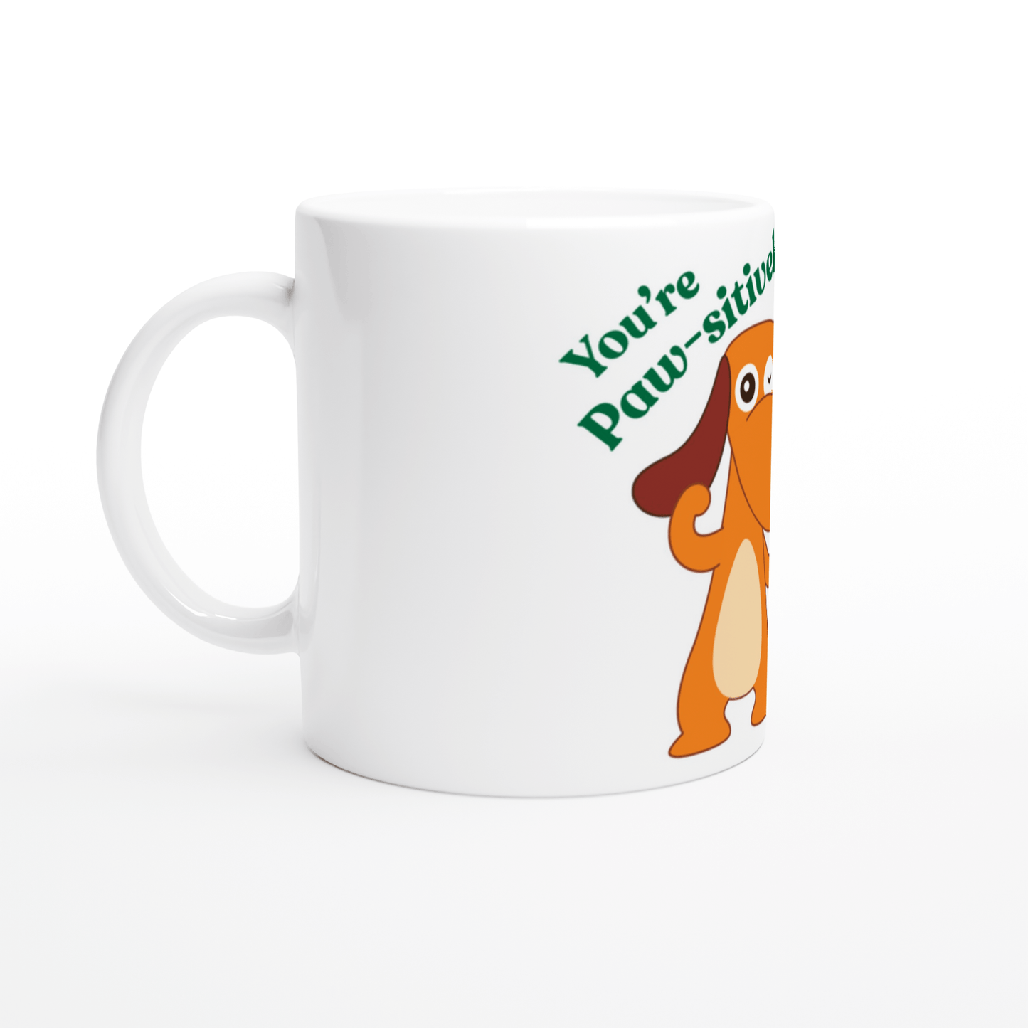 White mug with a cartoon dog and text 