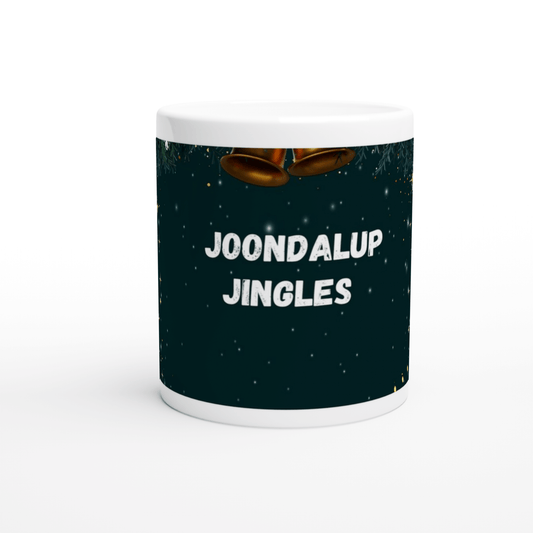 Mug with 'Joondalup Jingles' text and Christmas bells design 