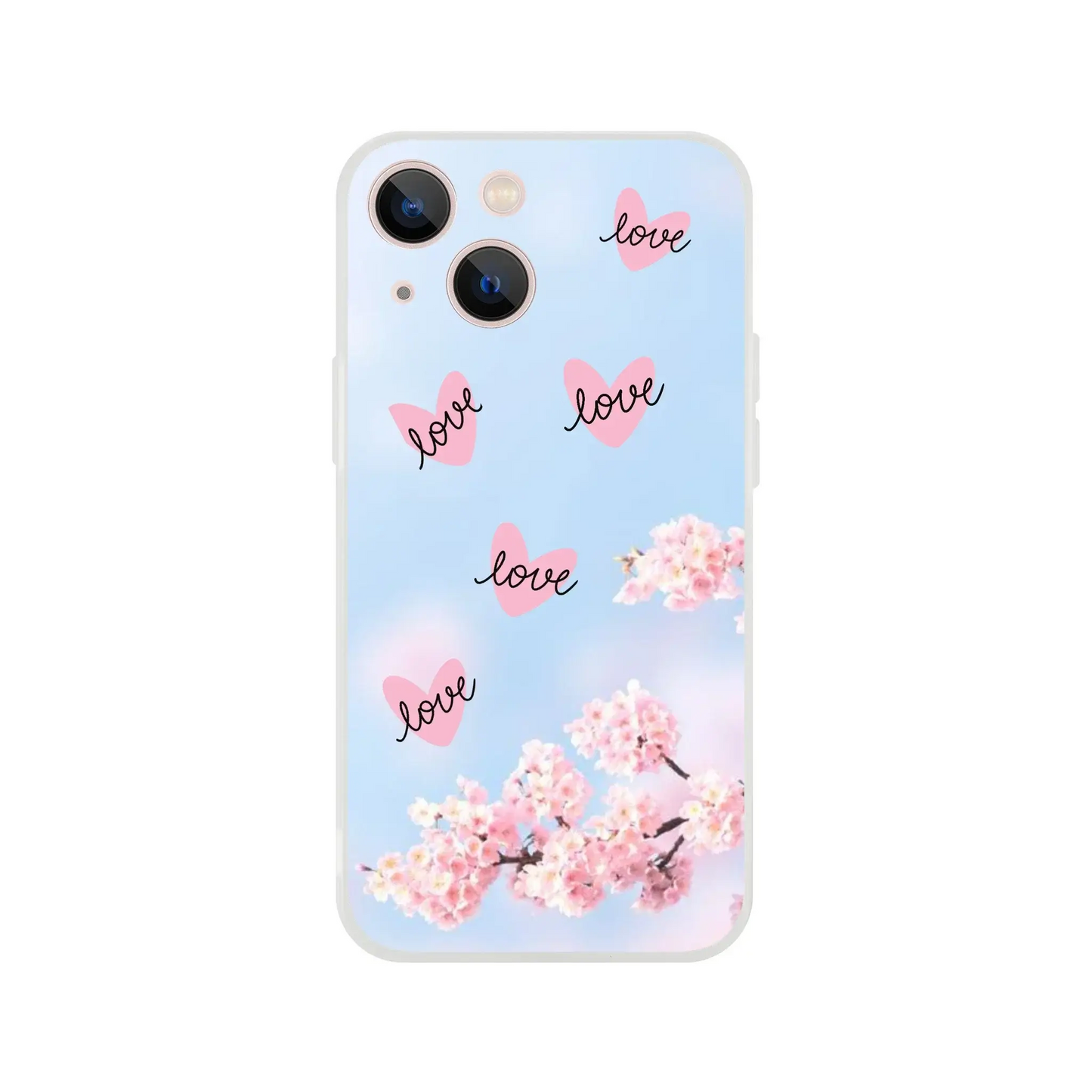 Phone case with cherry blossoms and 'love' text on a light blue background