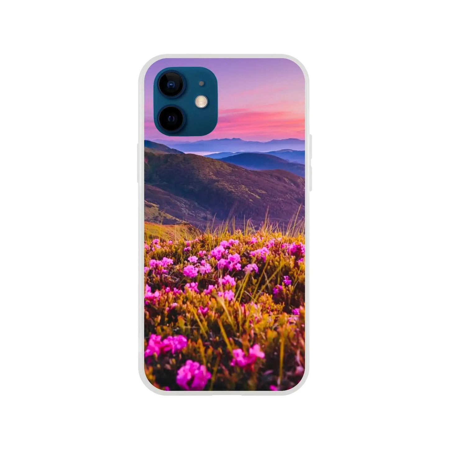 Phone case with a scenic design of pink flowers and mountains