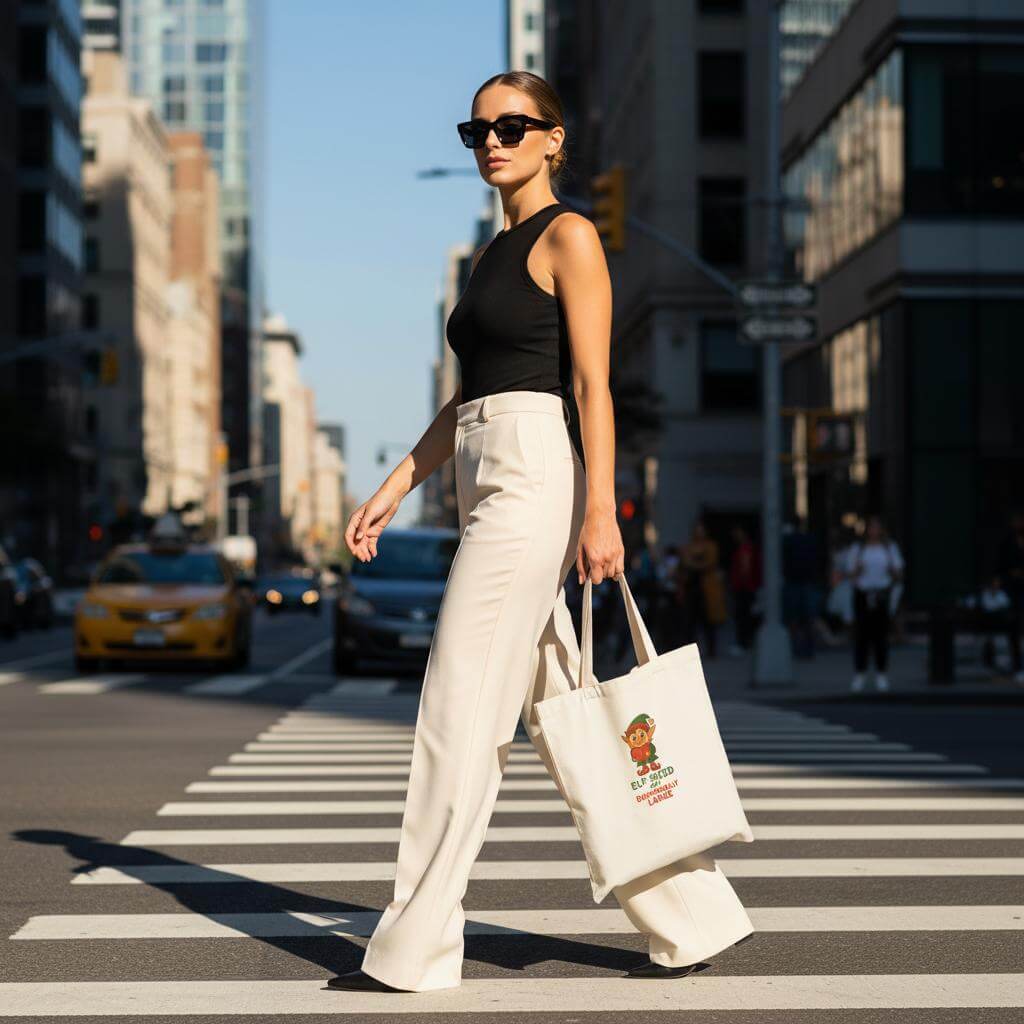 a white tote bag with a logo.