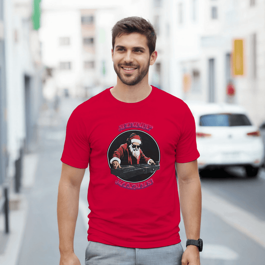 Man wearing a red T-shirt featuring DJ Santa Merry Mixmas design for a festive holiday look.