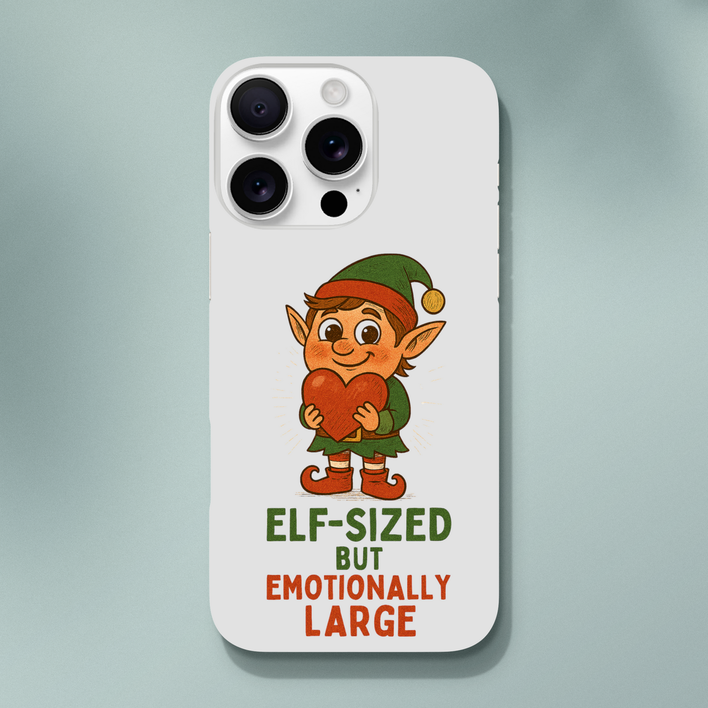 Phone case with elf design and text 