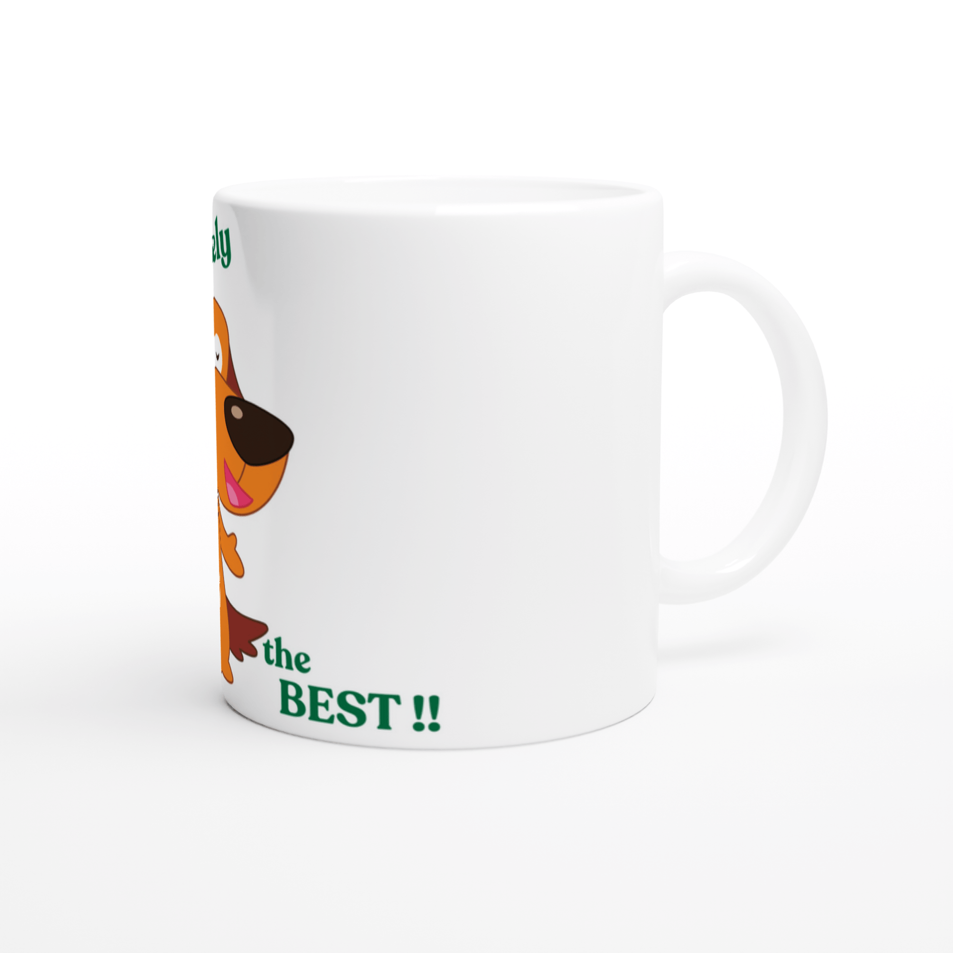 White mug with cartoon dog and text 