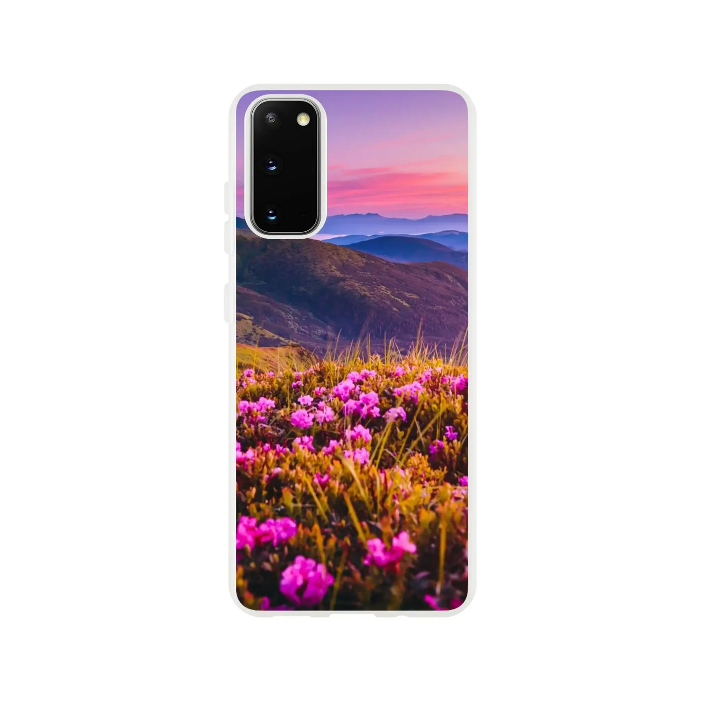 Phone case with a mountain and flower design 