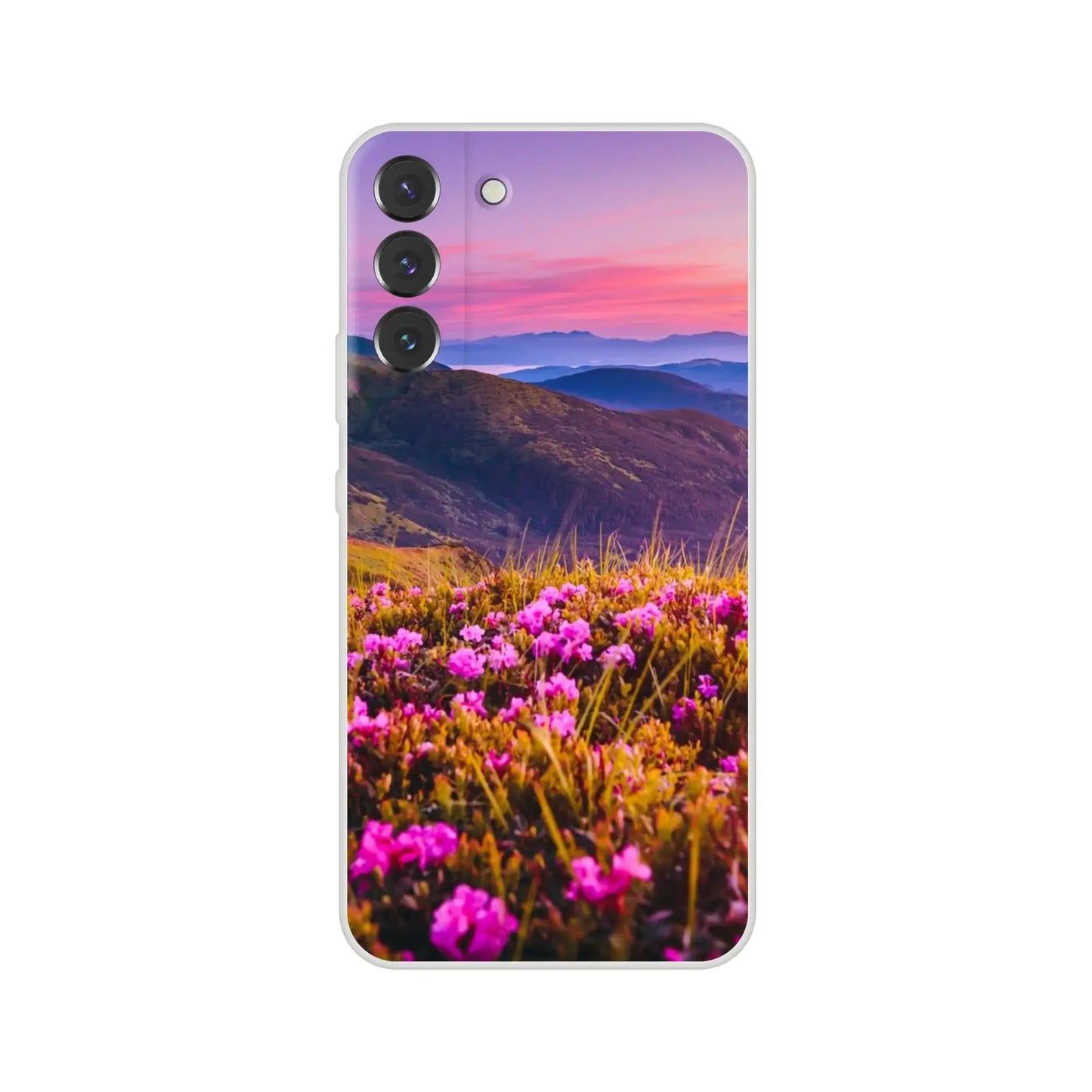 Phone case with a mountain and flower design 