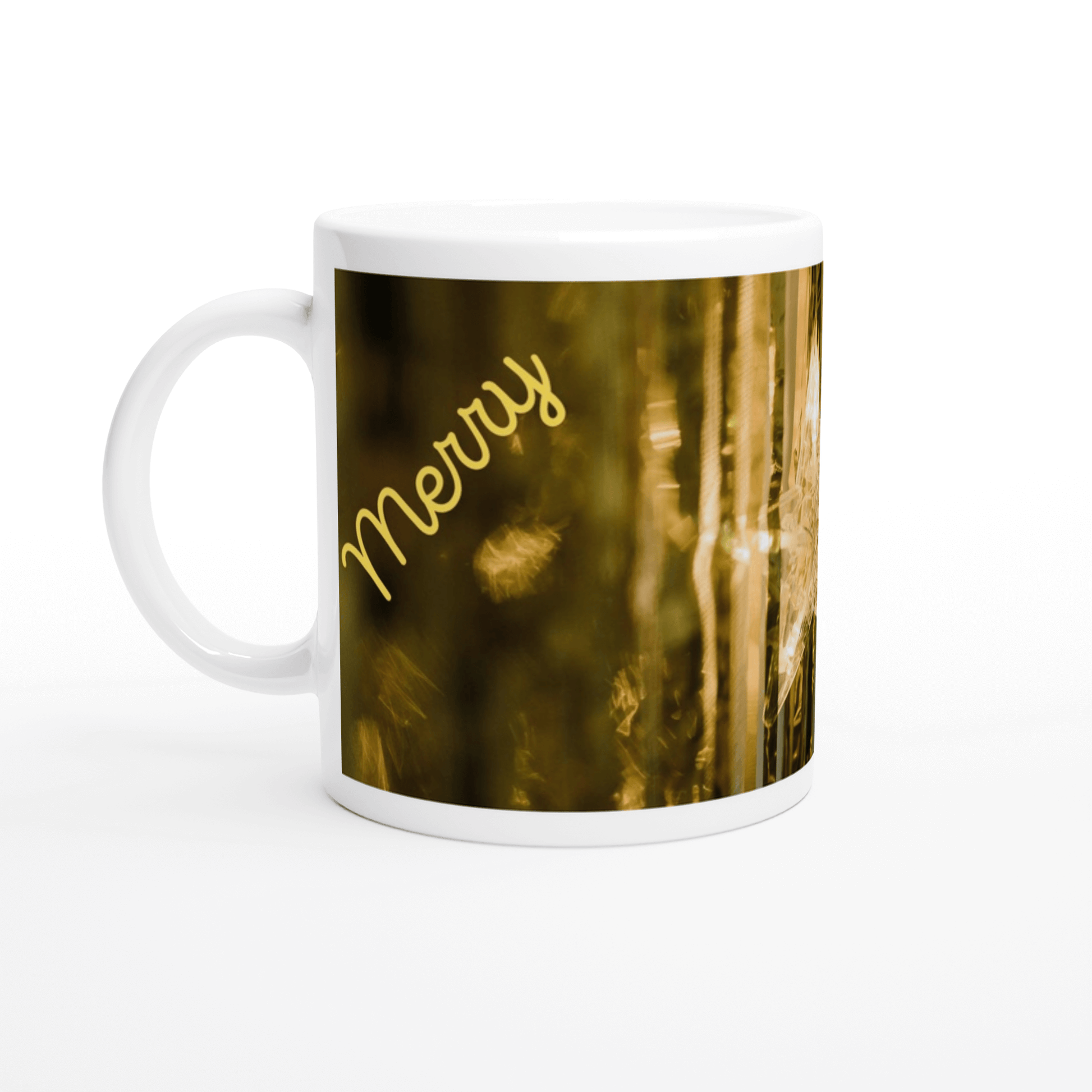 White mug with a gold and brown design and the word 'Merry Christmas'
