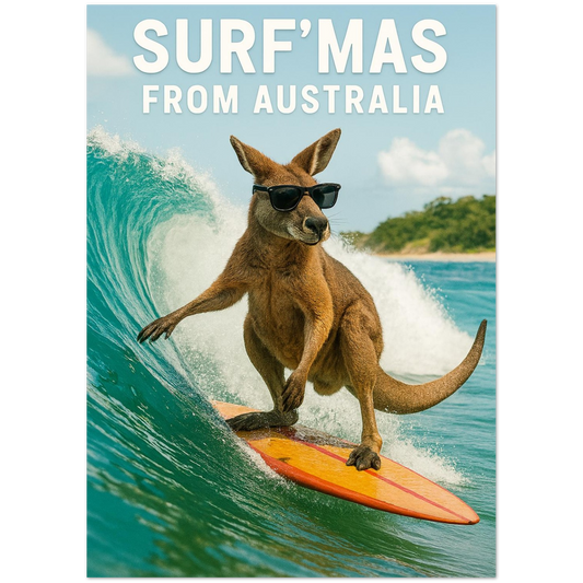 Kangaroo surfing on a wave with 'Surf'mas from Australia' text