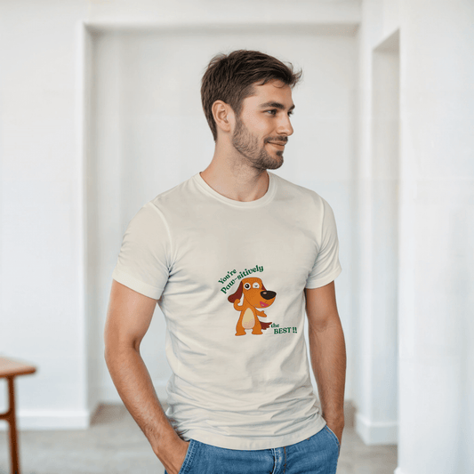  a beige t-shirt with a dog graphic and text