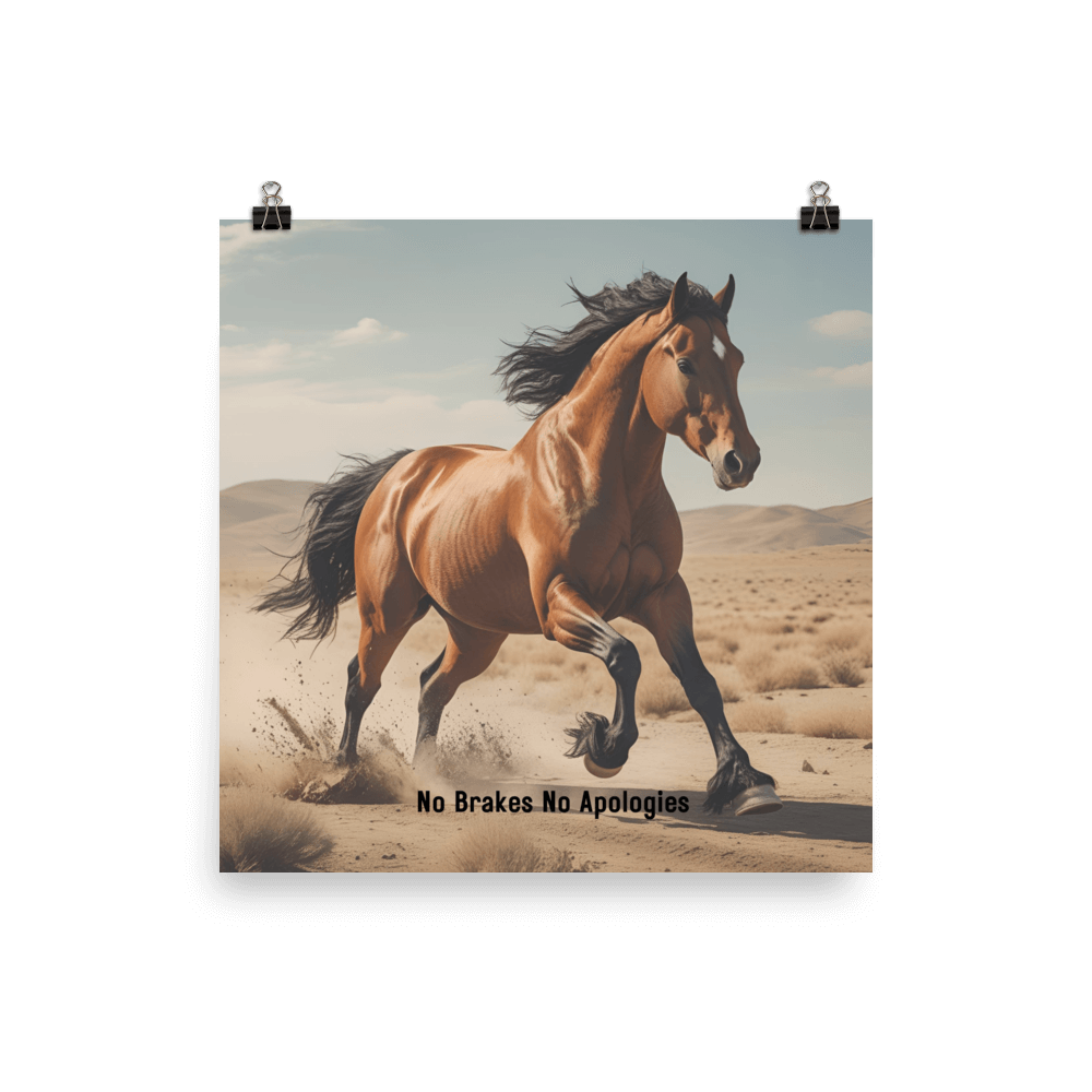  a horse running in the desert with 'No Brakes No Apologies' text.