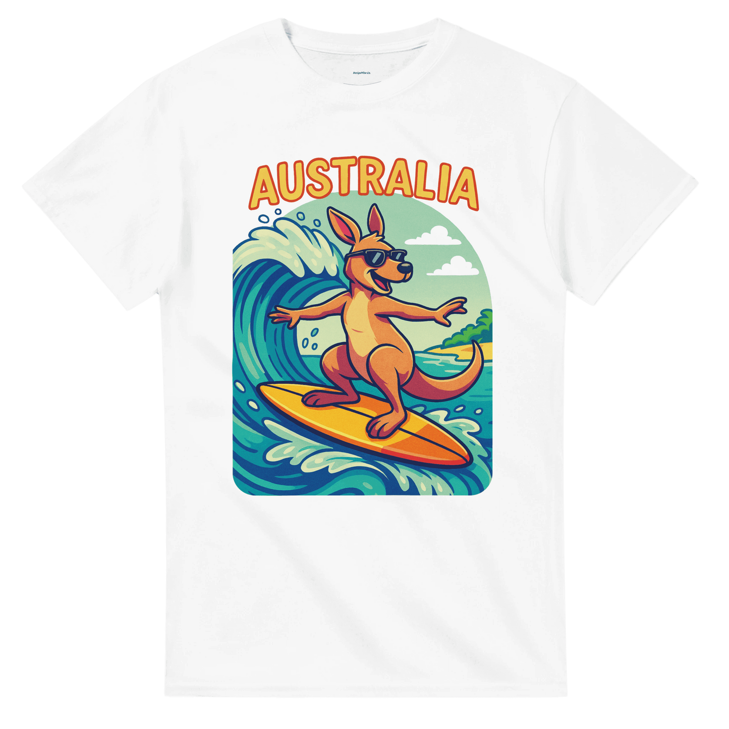 White t-shirt with a kangaroo surfing design and 'Australia' text 