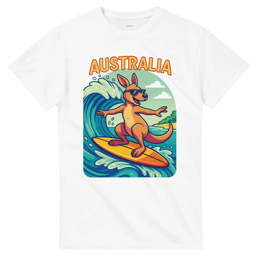 White t-shirt with a kangaroo surfing design and 'Australia' text 