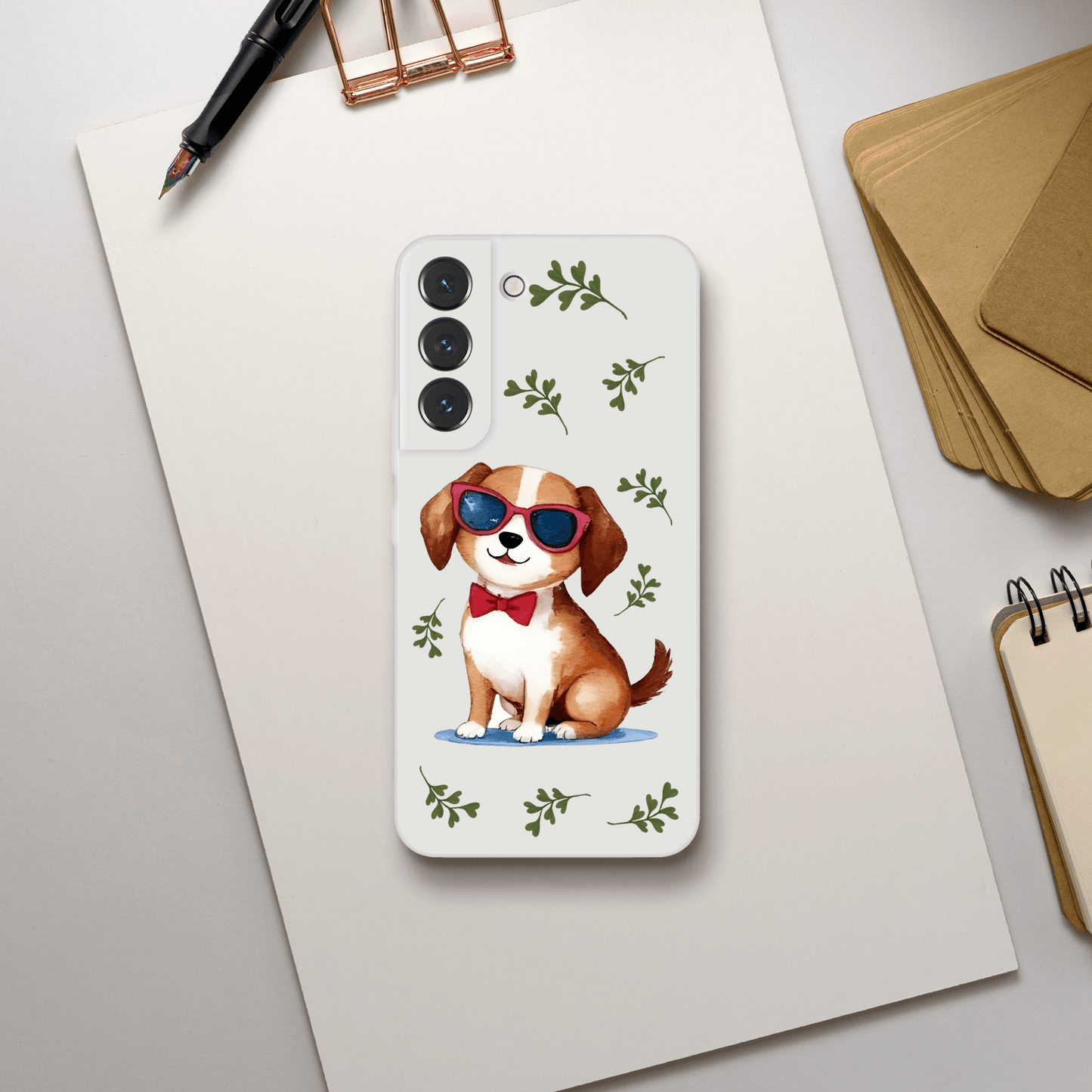 Phone case with a dog design wearing sunglasses