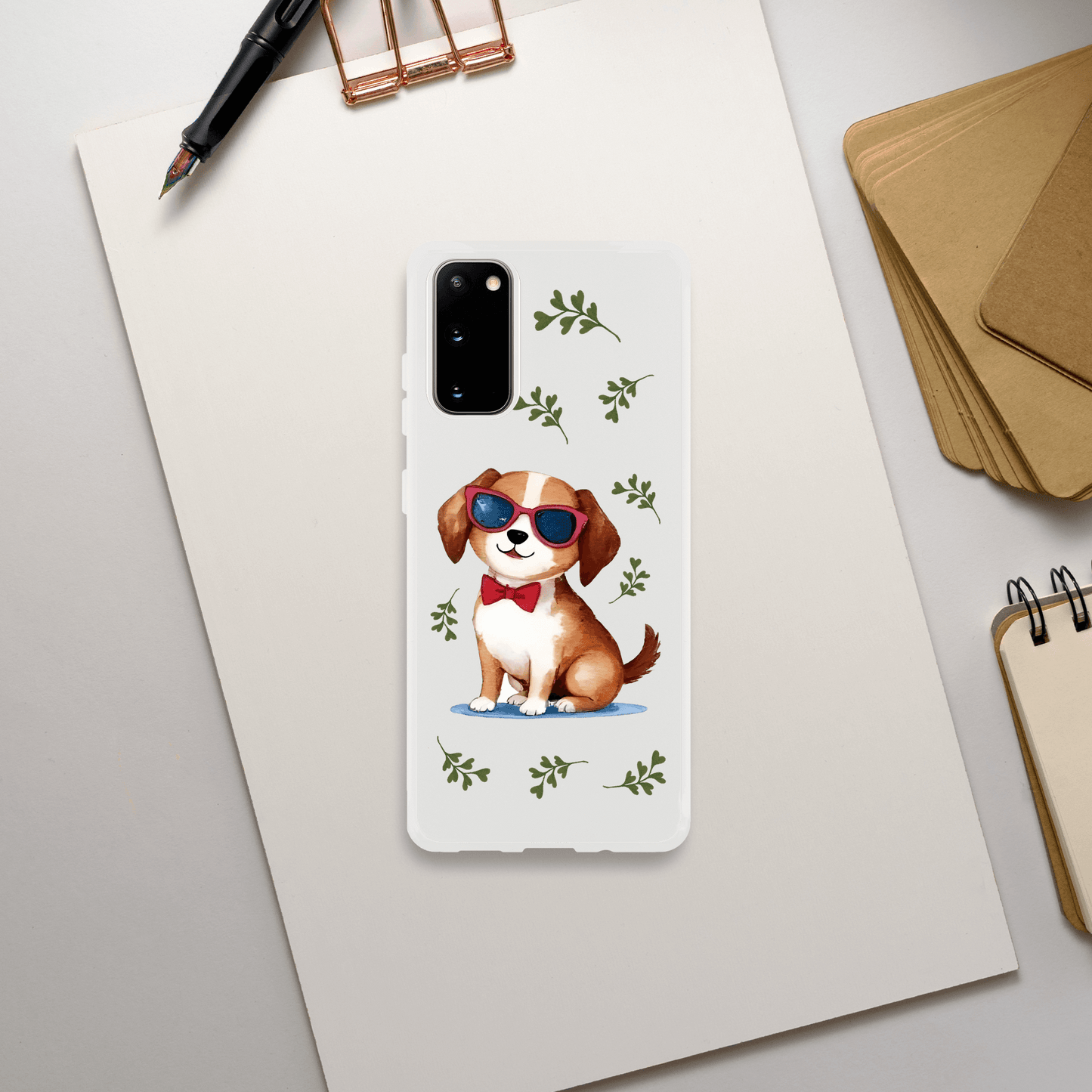 Phone case with a dog illustration wearing sunglasses