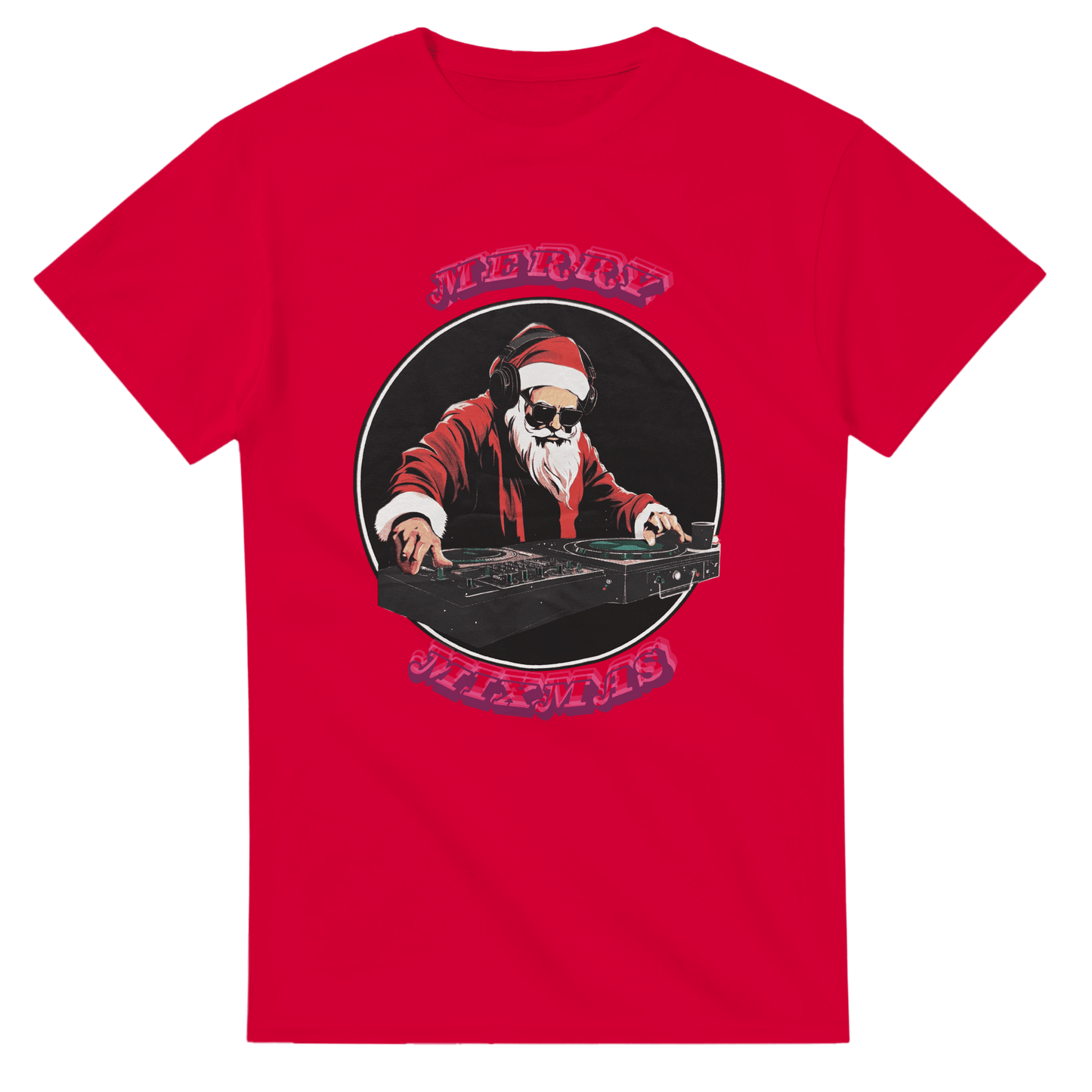 Red t-shirt featuring DJ Santa design with "Merry Mixmas" text for festive celebrations.