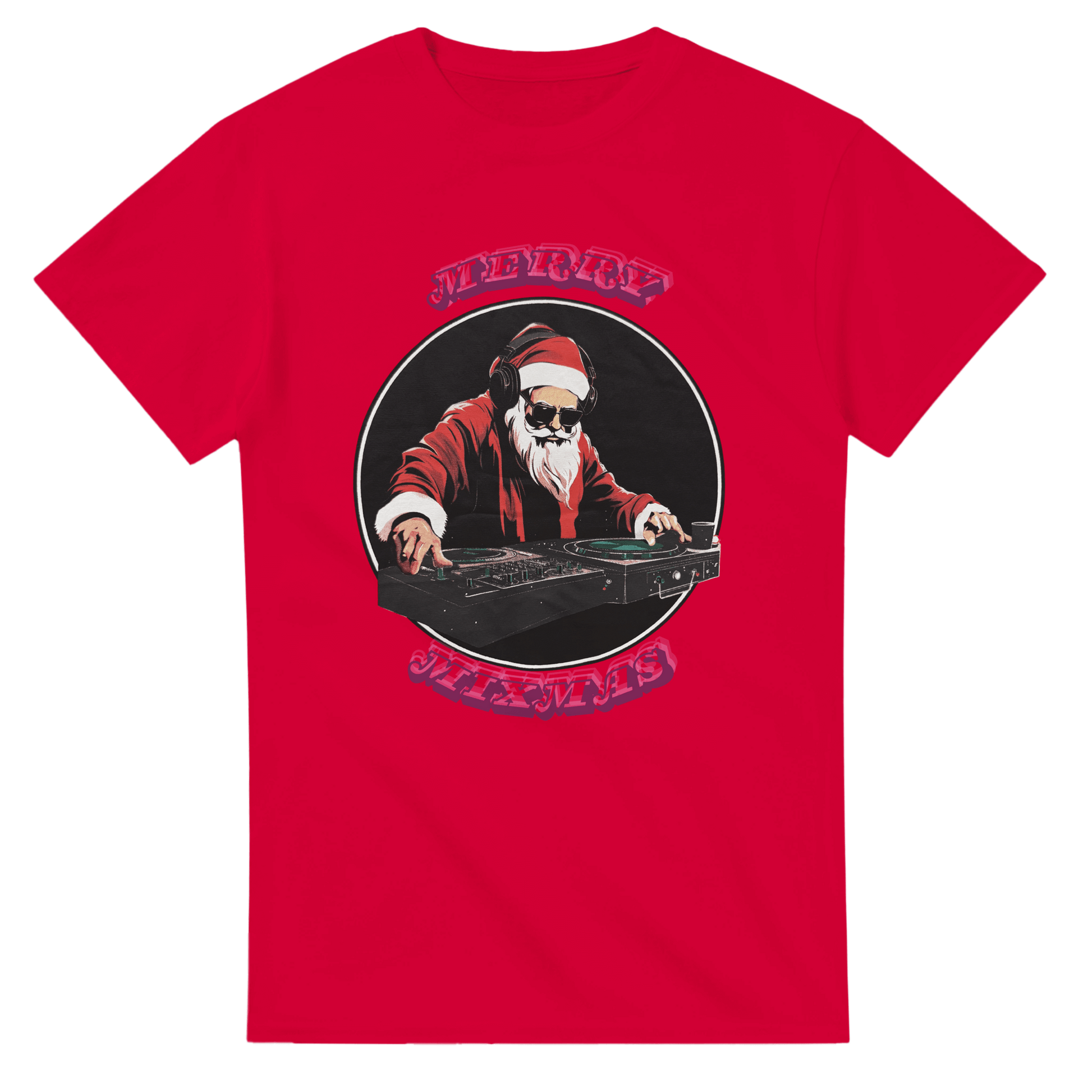 Red t-shirt featuring DJ Santa design with "Merry Mixmas" text for festive celebrations.