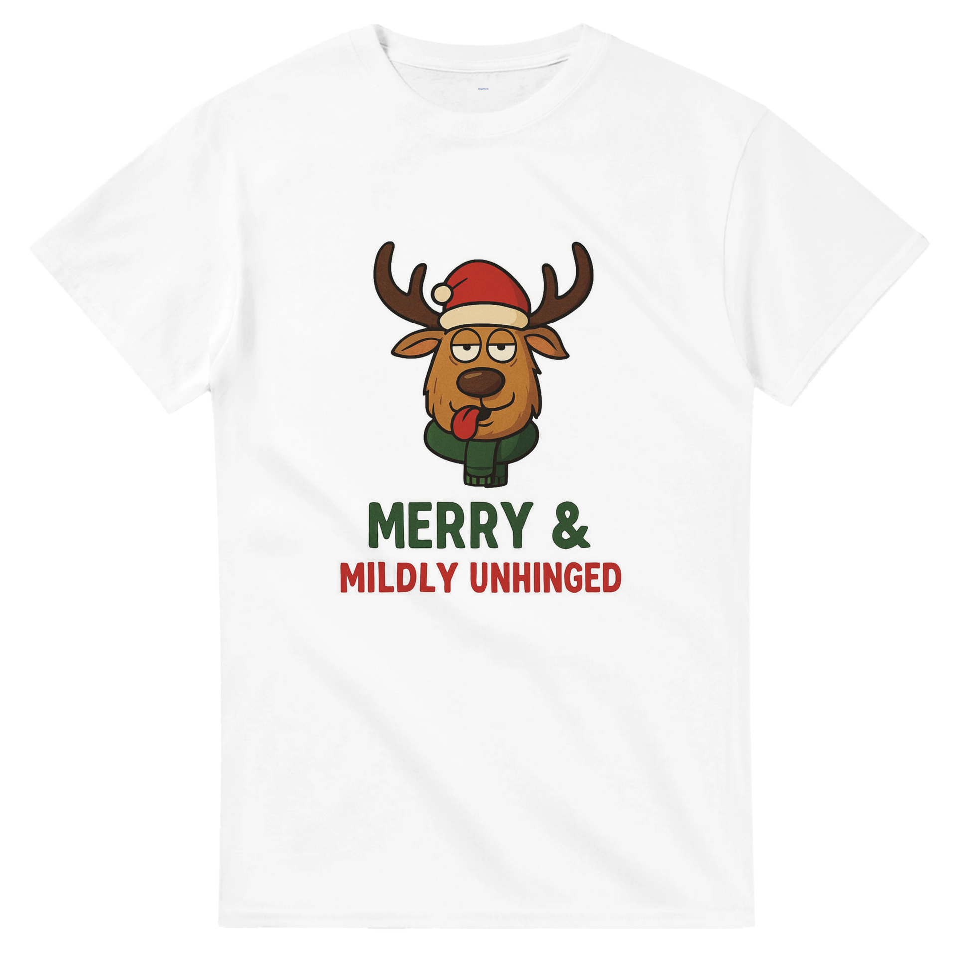 White t-shirt with a reindeer graphic and text 'Merry & Mildly Unhinged' 