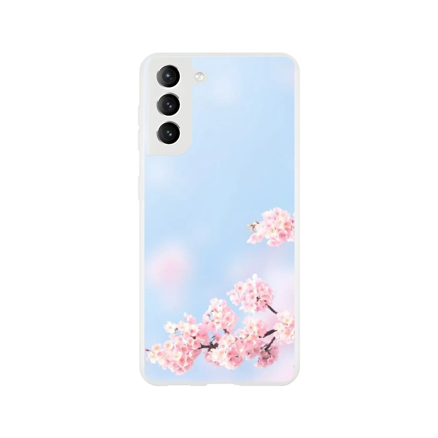Phone case with cherry blossom design on a light blue background