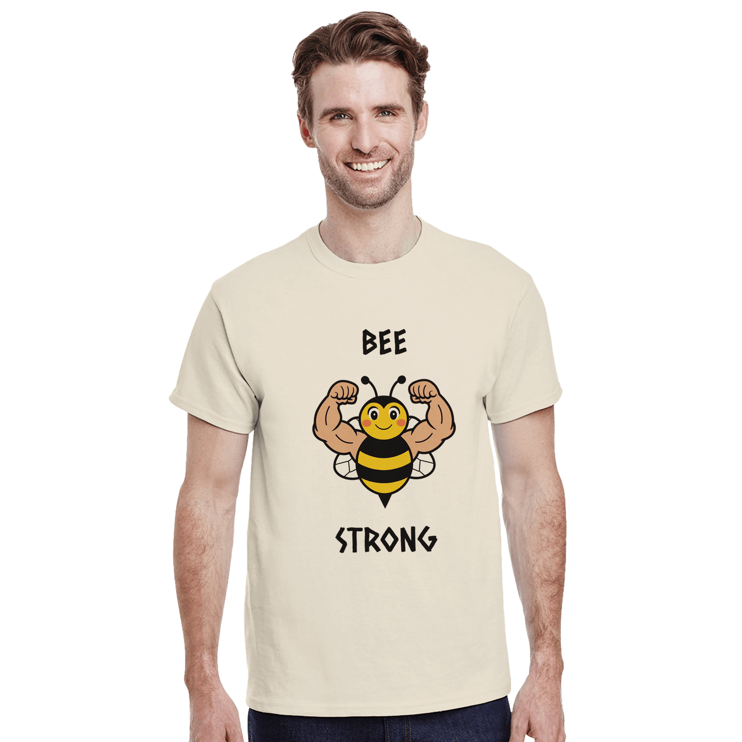  a beige t-shirt with a bee graphic and 'BEE STRONG' text 