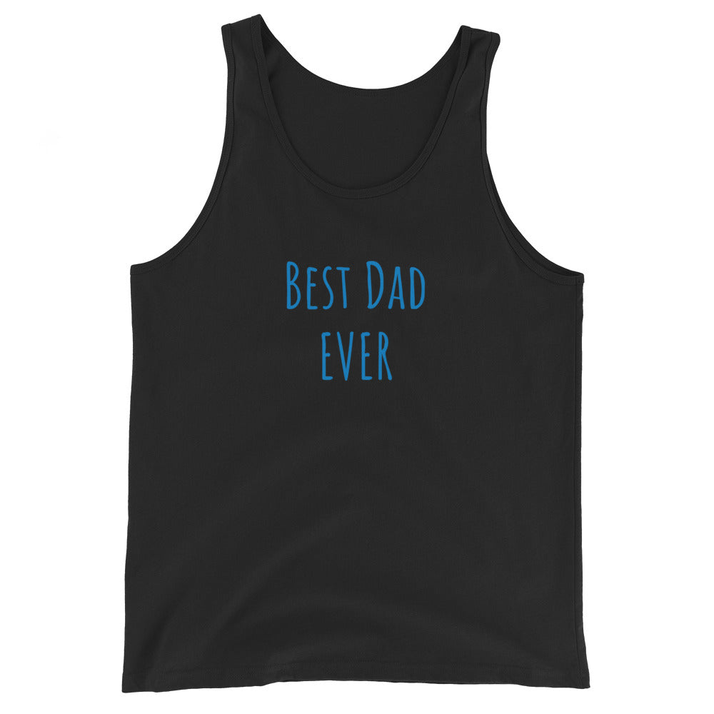 Black tank top with 'Best Dad Ever' text in blue 