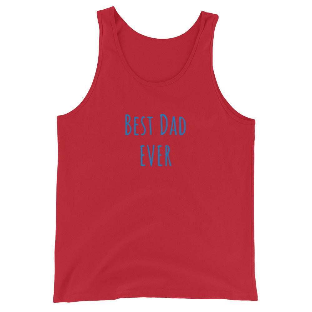 Red tank top with 'Best Dad Ever' text in blue 