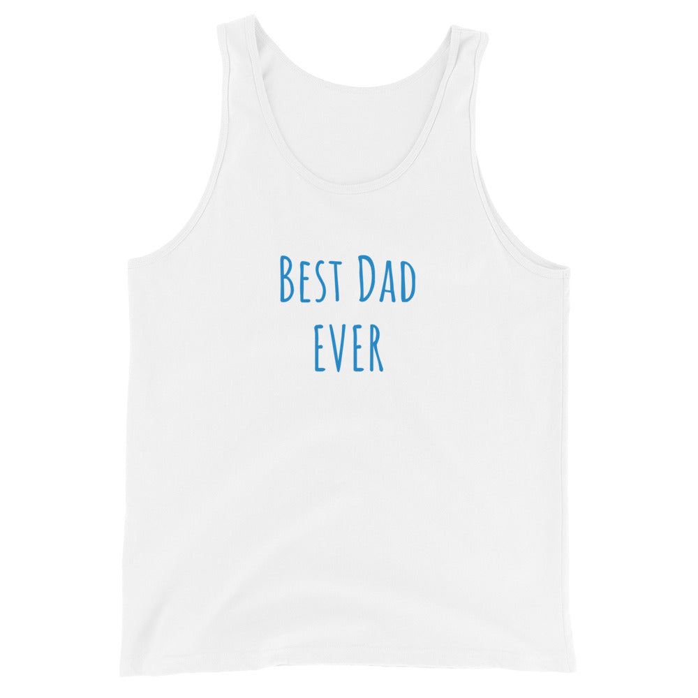 White tank top with 'Best Dad Ever' text in blue