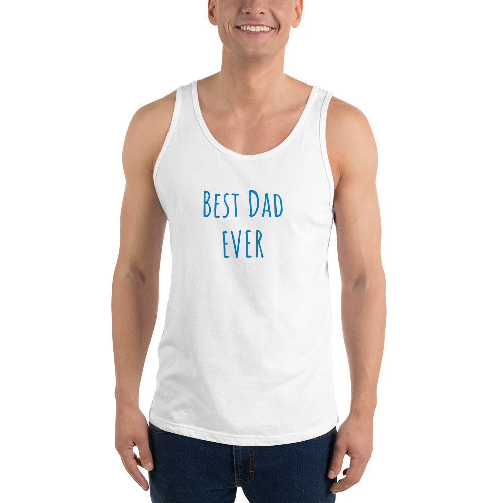 Person wearing a white tank top with 'Best Dad Ever' text 