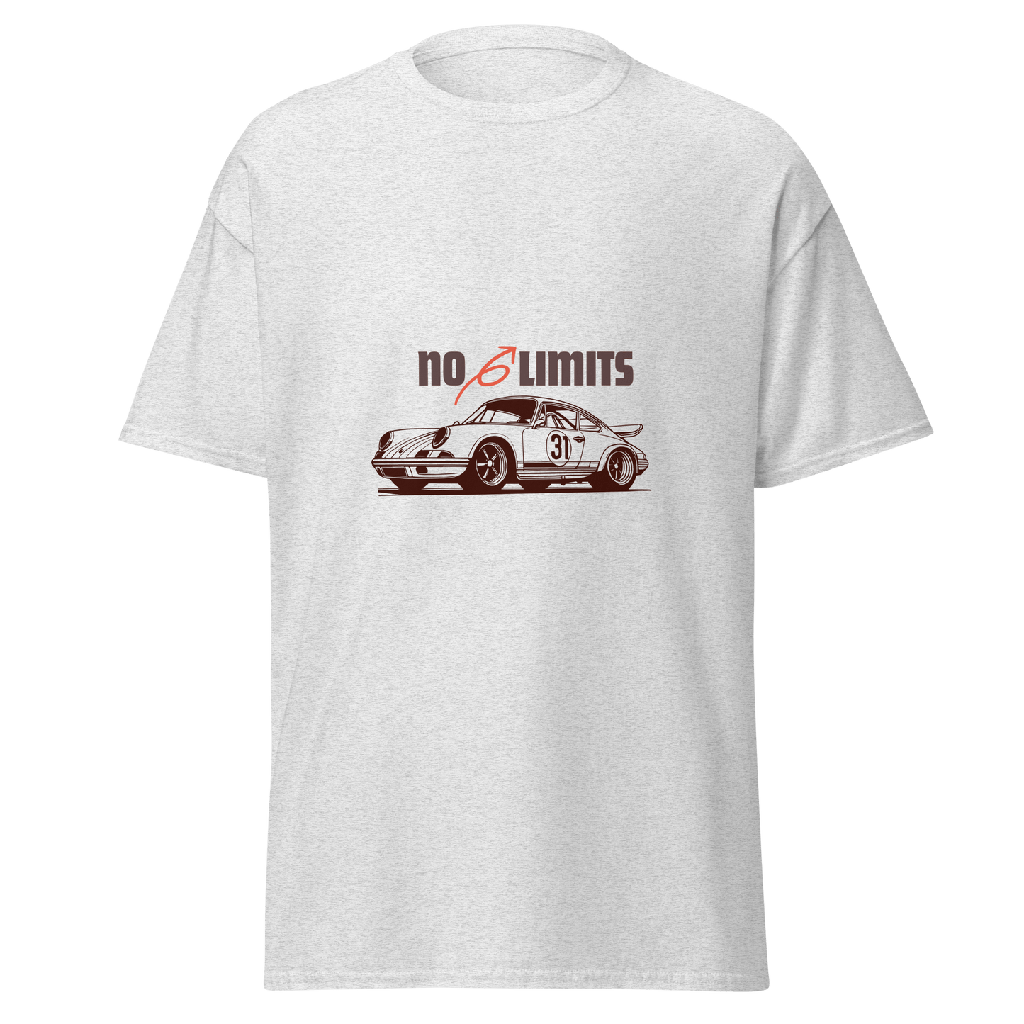 White t-shirt with a car graphic and 'no limits' text 