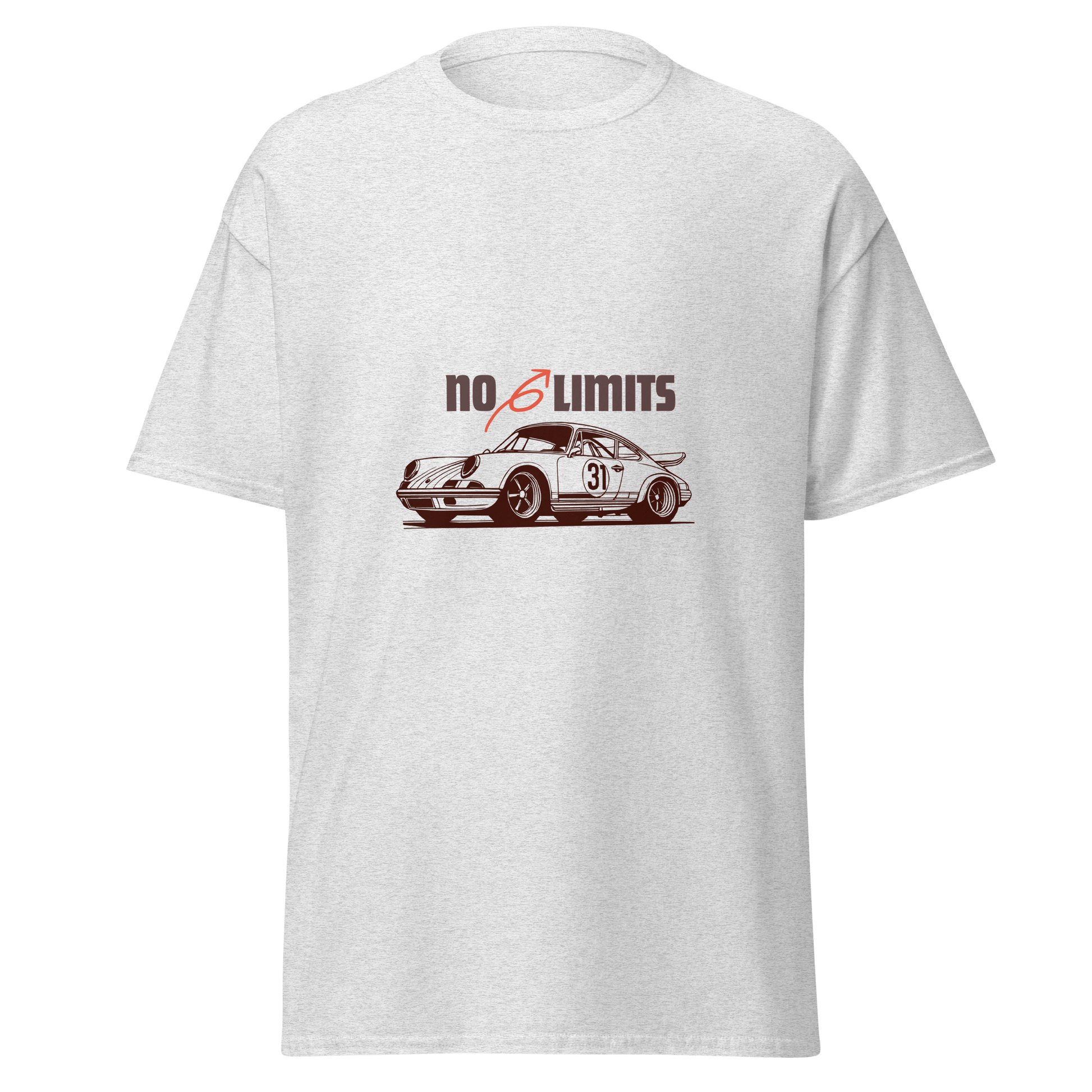 White t-shirt with a car graphic and 'no limits' text 
