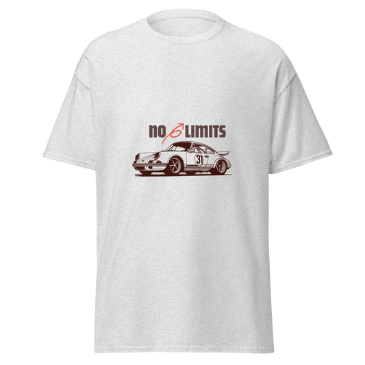 White t-shirt with a car graphic and 'no limits' text 