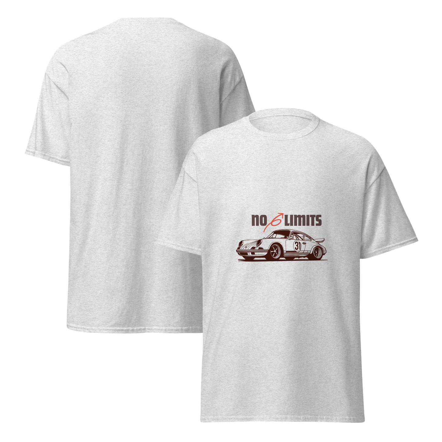 White t-shirt with a car graphic and 'No Limits' text