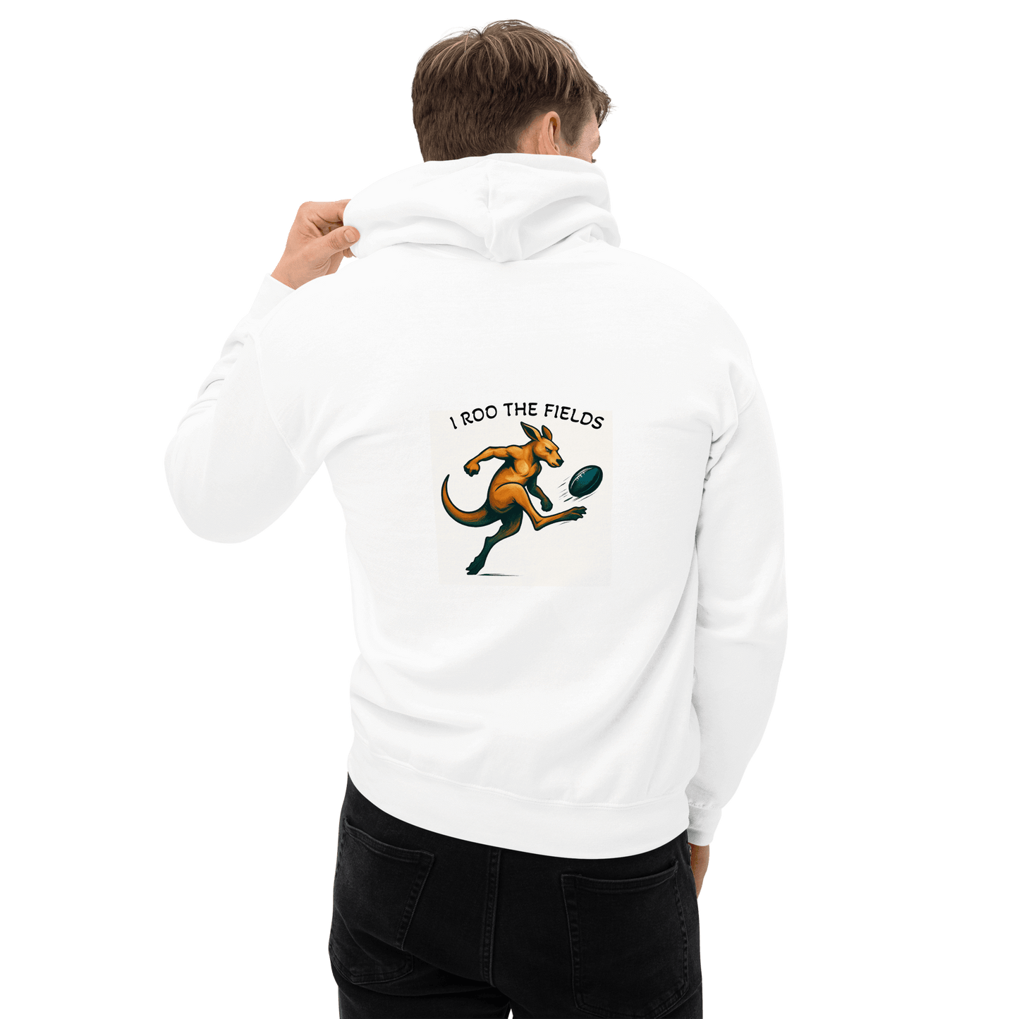 a white hoodie with a kangaroo graphic and text on the back