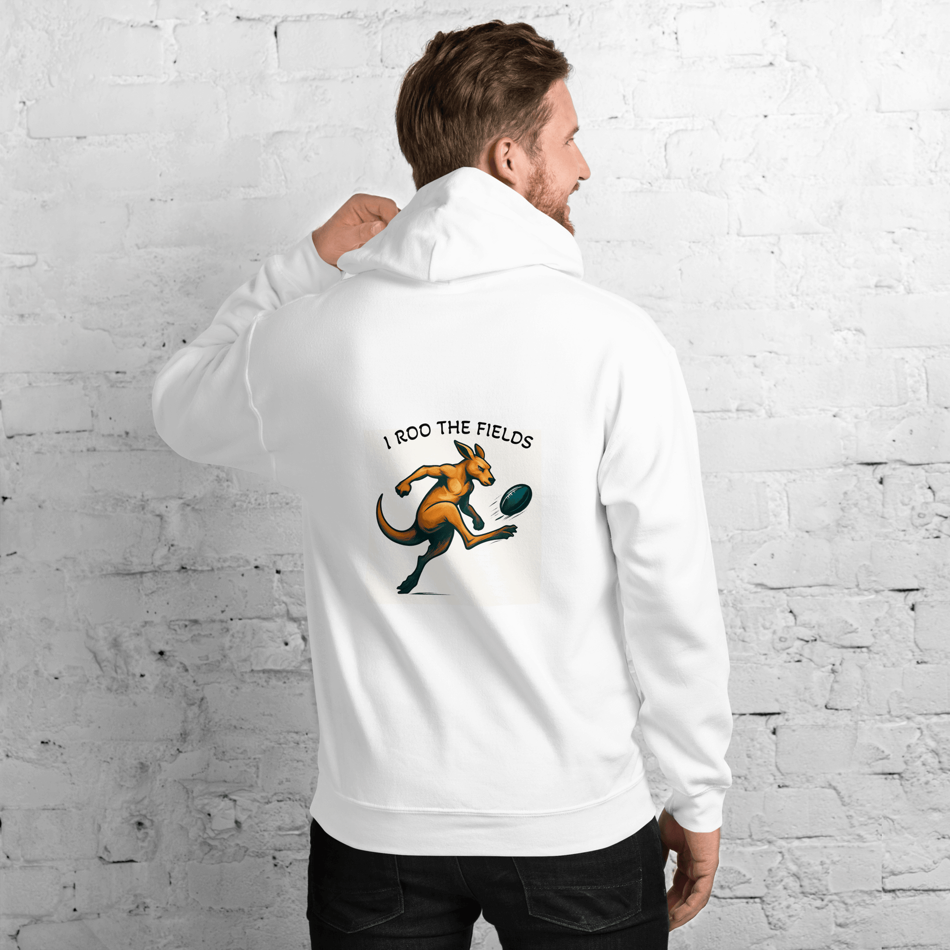  a white hoodie with a kangaroo graphic and text 