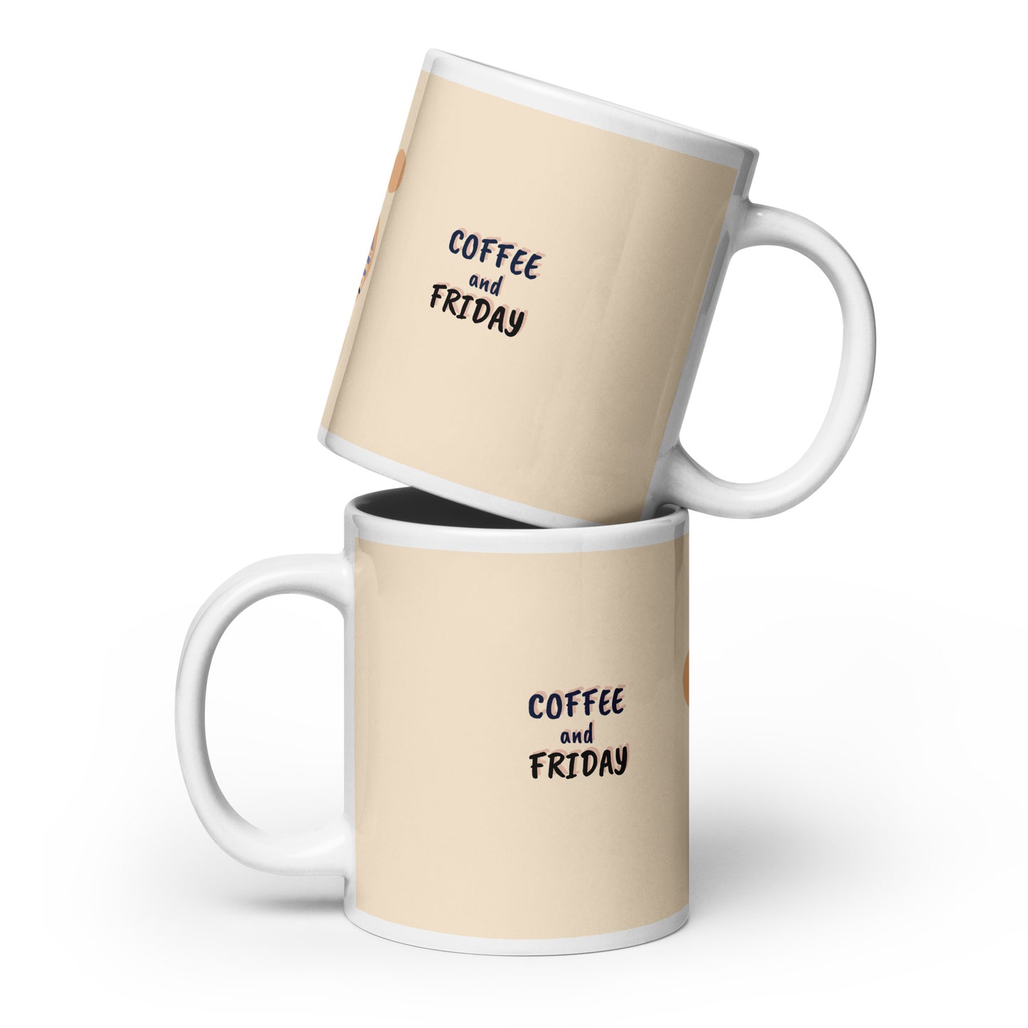 Two beige mugs with 'Coffee and Friday' text