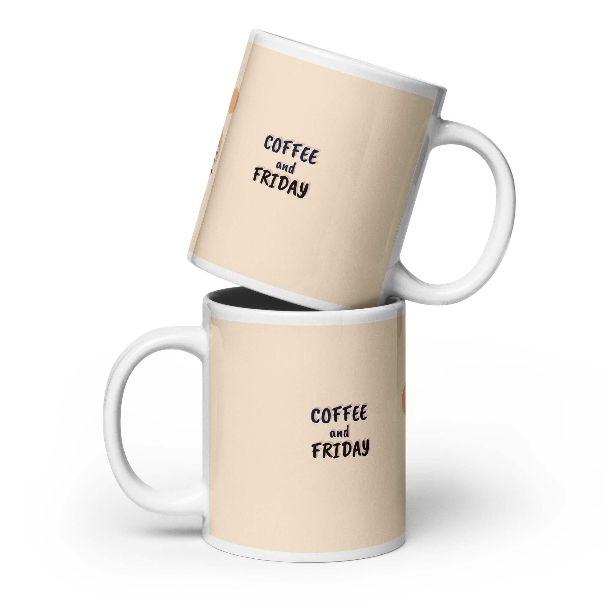 Two beige mugs with 'Coffee and Friday' text