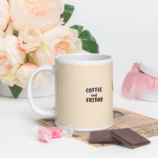 Beige mug with 'Coffee and Friday' text 